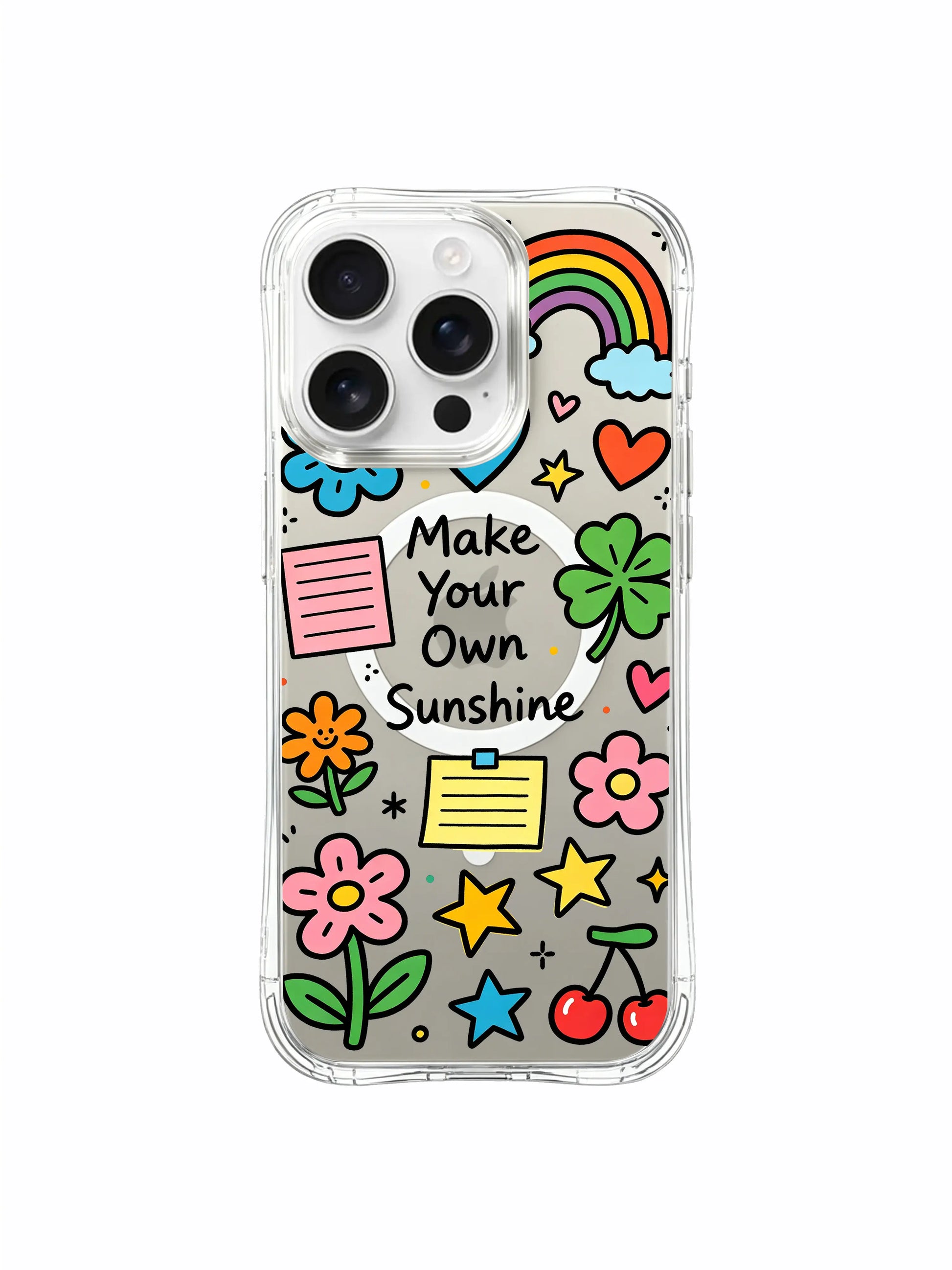 PhoneCasing iPhone 16 Pro Max antimicrobial glossy clear MagSafe case, colorful Make Your Own Sunshine four-leaf clover, star and heart collage print with uplifting slogan