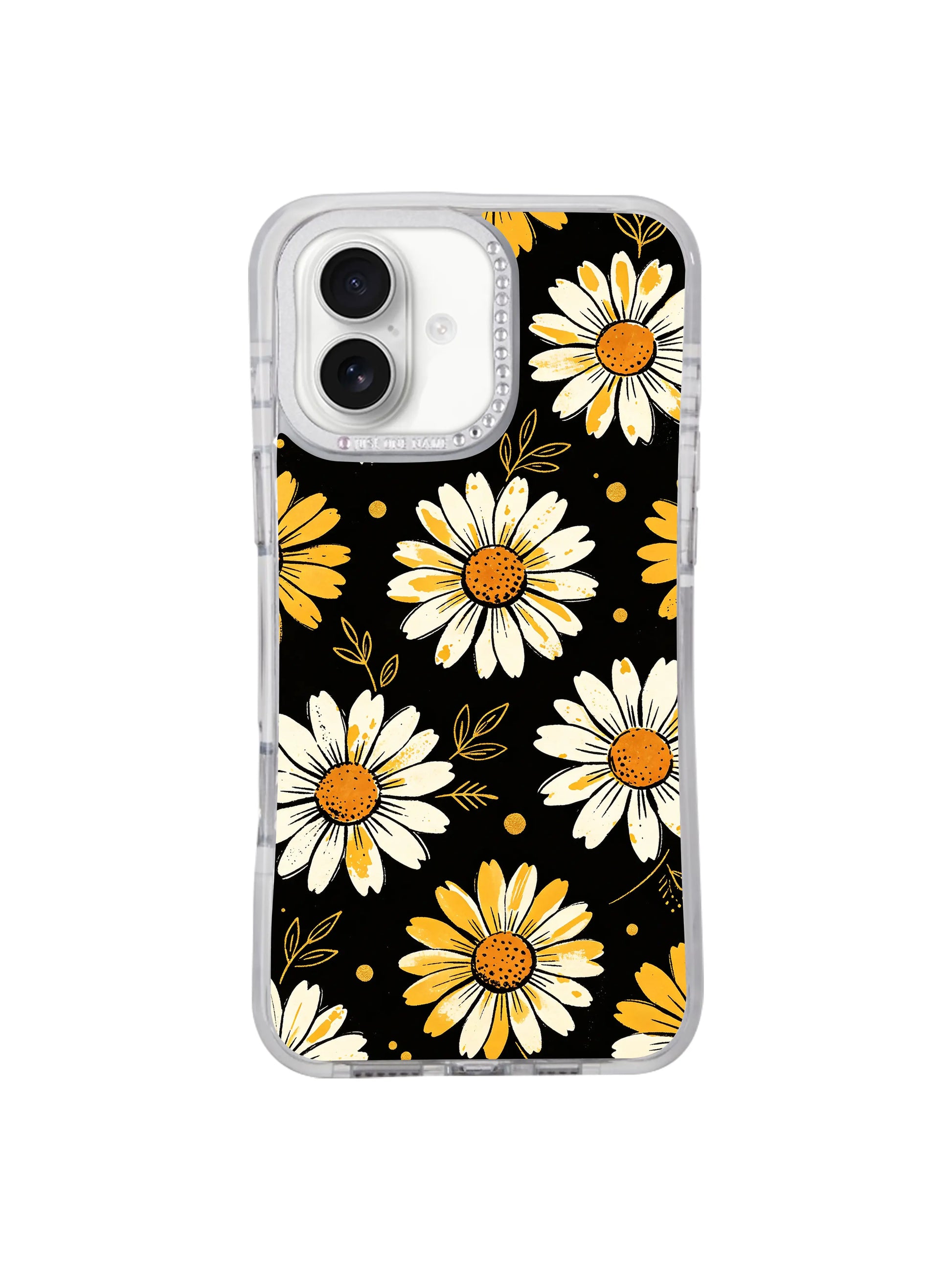 Clean white background studio display front view White Bloom Signal iPhone 16 pro max casing, clear transparent bumper floral PhoneCasing cover for iPhone 16 pro max.
