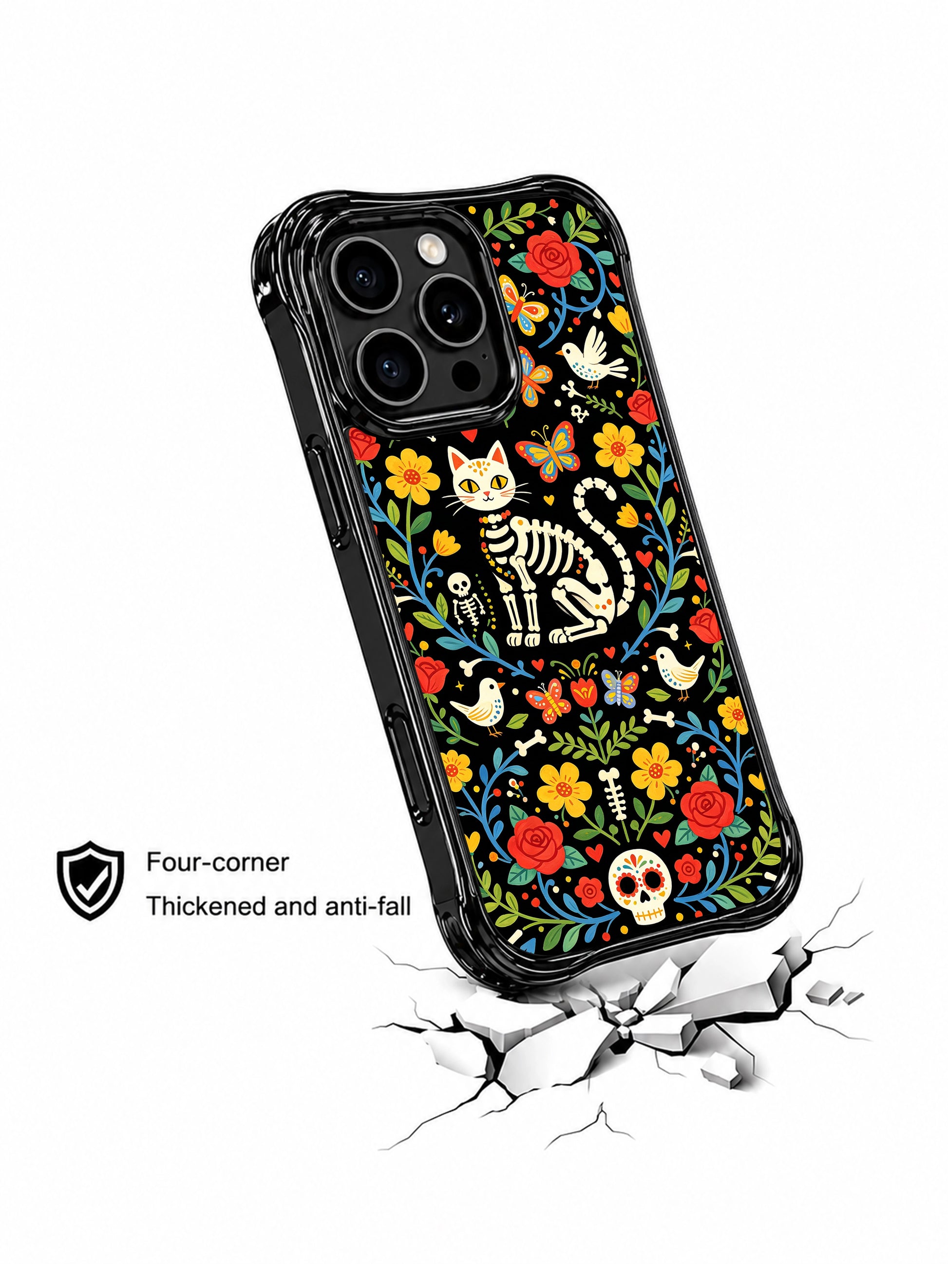 Whimsical sugar skull cat with folk art birds on PhoneCasing iPhone 16 pro max case, Day of the Dead design with red roses and colorful flowers.