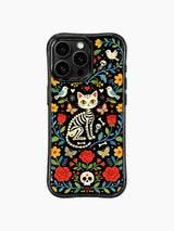 Sugar skull cat with colorful butterflies on this PhoneCasing iPhone 16 pro max case, whimsical folk art design with red roses and flowers.
