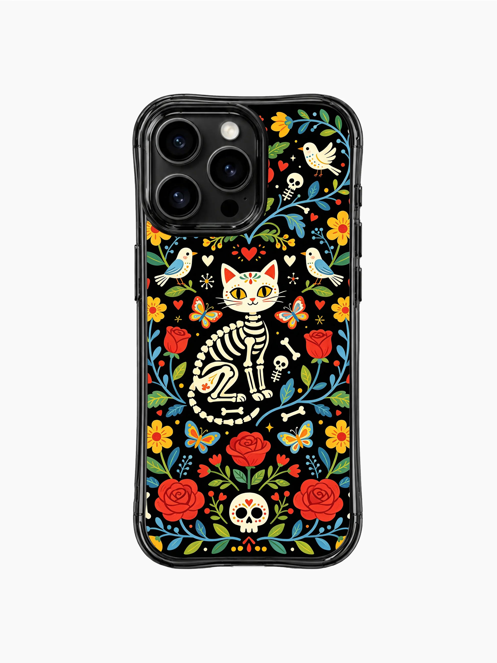 Sugar skull cat with colorful butterflies on this PhoneCasing iPhone 16 pro max case, whimsical folk art design with red roses and flowers.