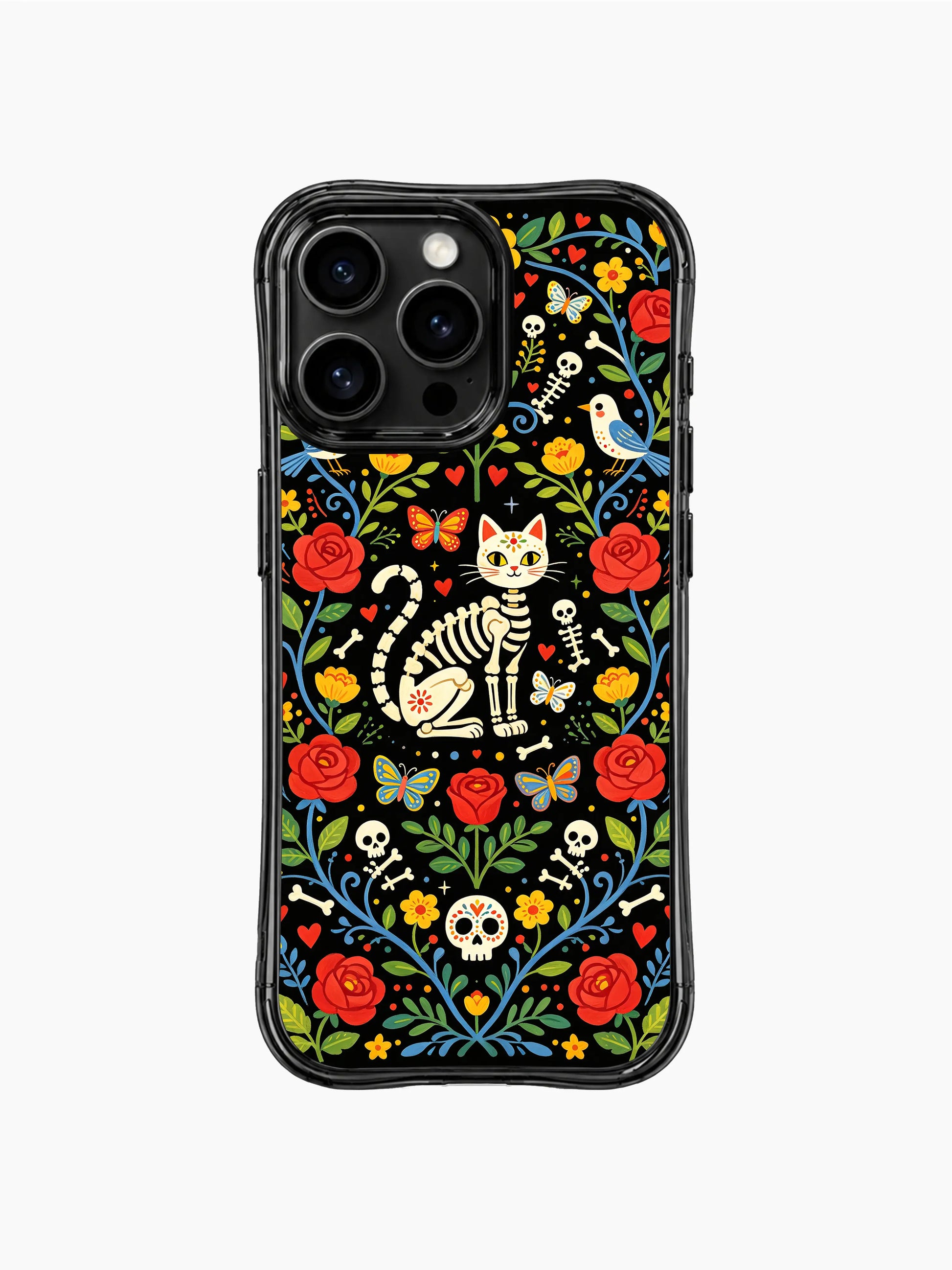 Sugar skull cat with Day of the Dead motifs on PhoneCasing iPhone 16 pro max case, folk art design with red roses, colorful flowers, and butterflies.