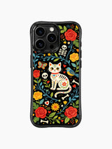 Sugar skull cat with red roses and folk art birds on PhoneCasing iPhone 16 pro max case, whimsical design with colorful blooms and butterflies.