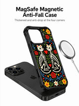Cute twin skeleton cats with sugar skull details on this PhoneCasing iPhone 16 pro max case, Day of the Dead folk art style with hearts and floral patterns.