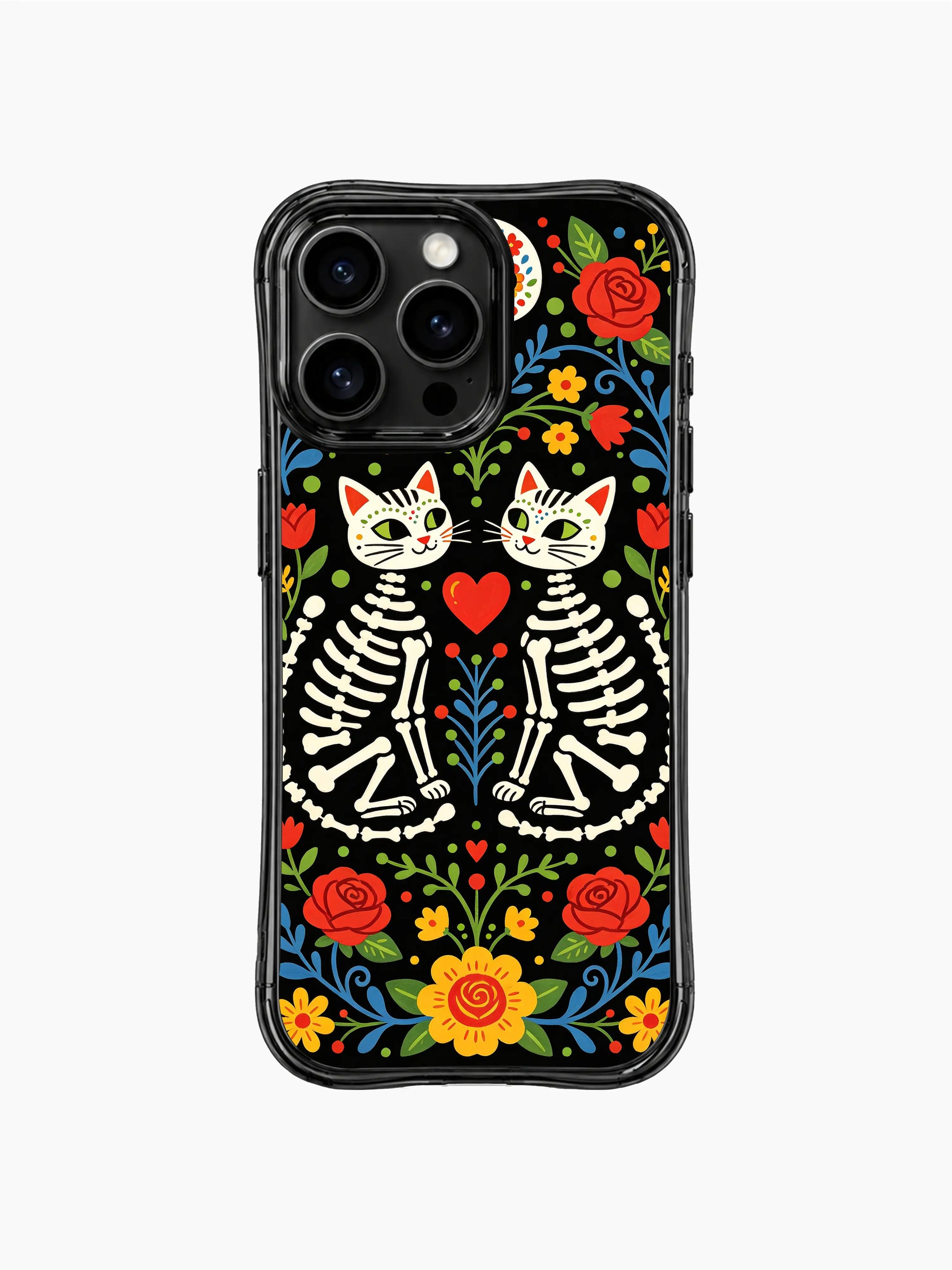Sugar skull twin skeleton cats artwork on PhoneCasing iPhone 16 pro max case, featuring folk art cats with colorful flowers and red hearts.