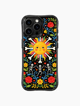 Sun and skeleton dance on this PhoneCasing iPhone 16 pro max case, whimsical folk art design with vibrant blooms and hearts.