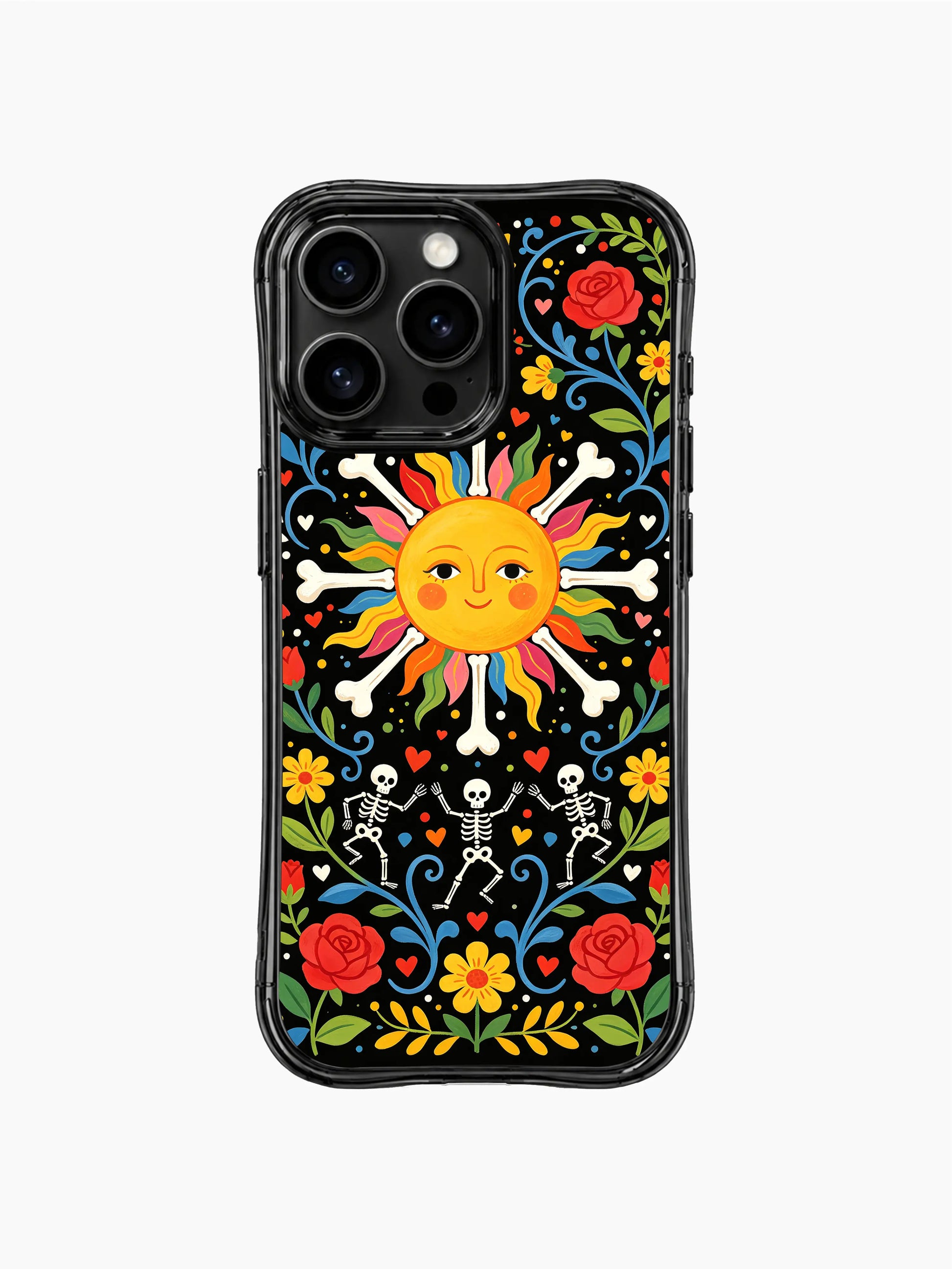 Sun and skeleton dance on this PhoneCasing iPhone 16 pro max case, whimsical folk art design with vibrant blooms and hearts.