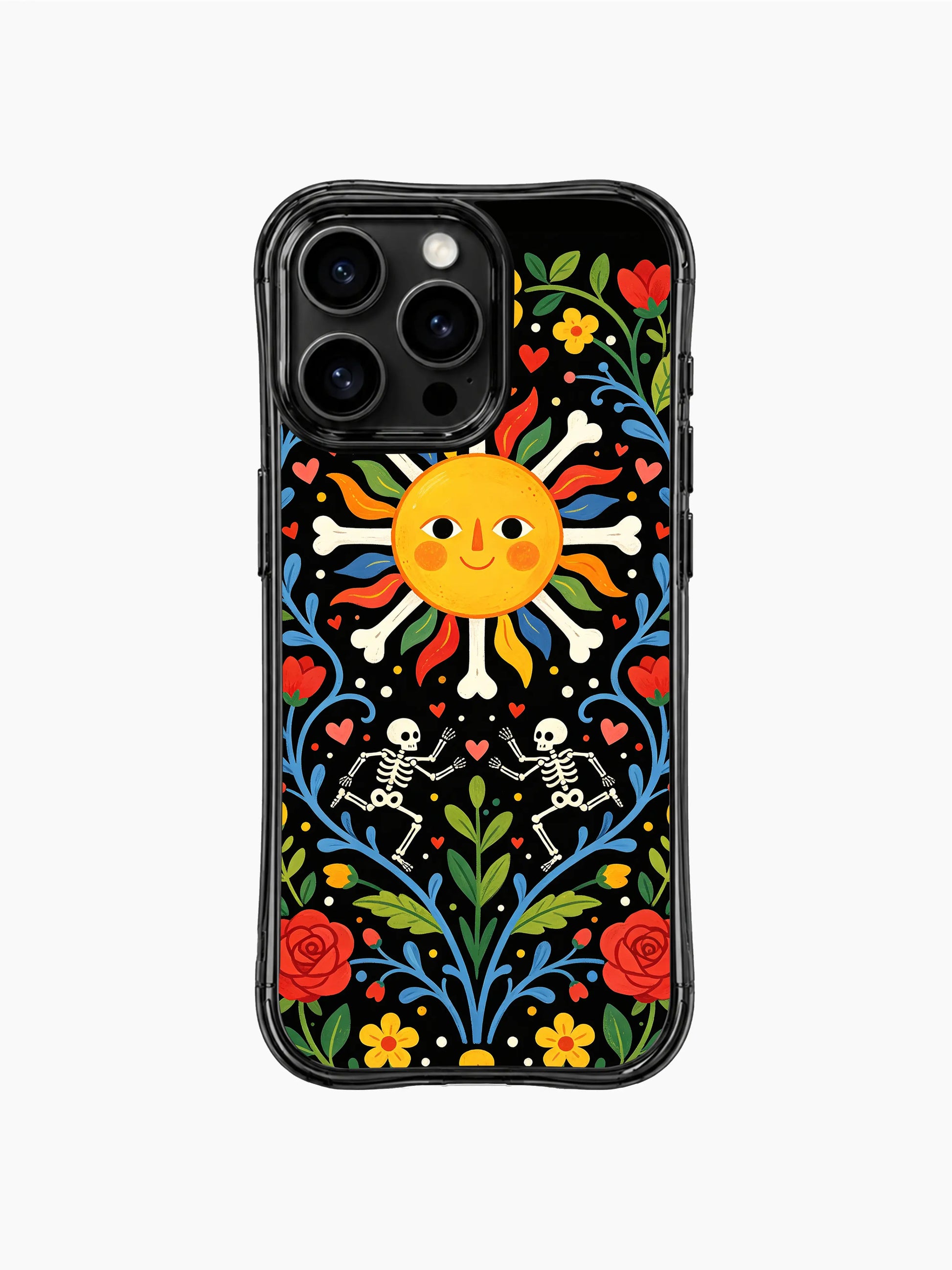 Sunflower skeleton festival design on PhoneCasing iPhone 16 pro max case, Day of the Dead style with skeletons and colorful blooms.