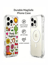 PhoneCasing iPhone 16 Pro Max anti-yellow transparent MagSafe case, Howdy Happiness vibrant desert western illustration representing free upbeat daily joy