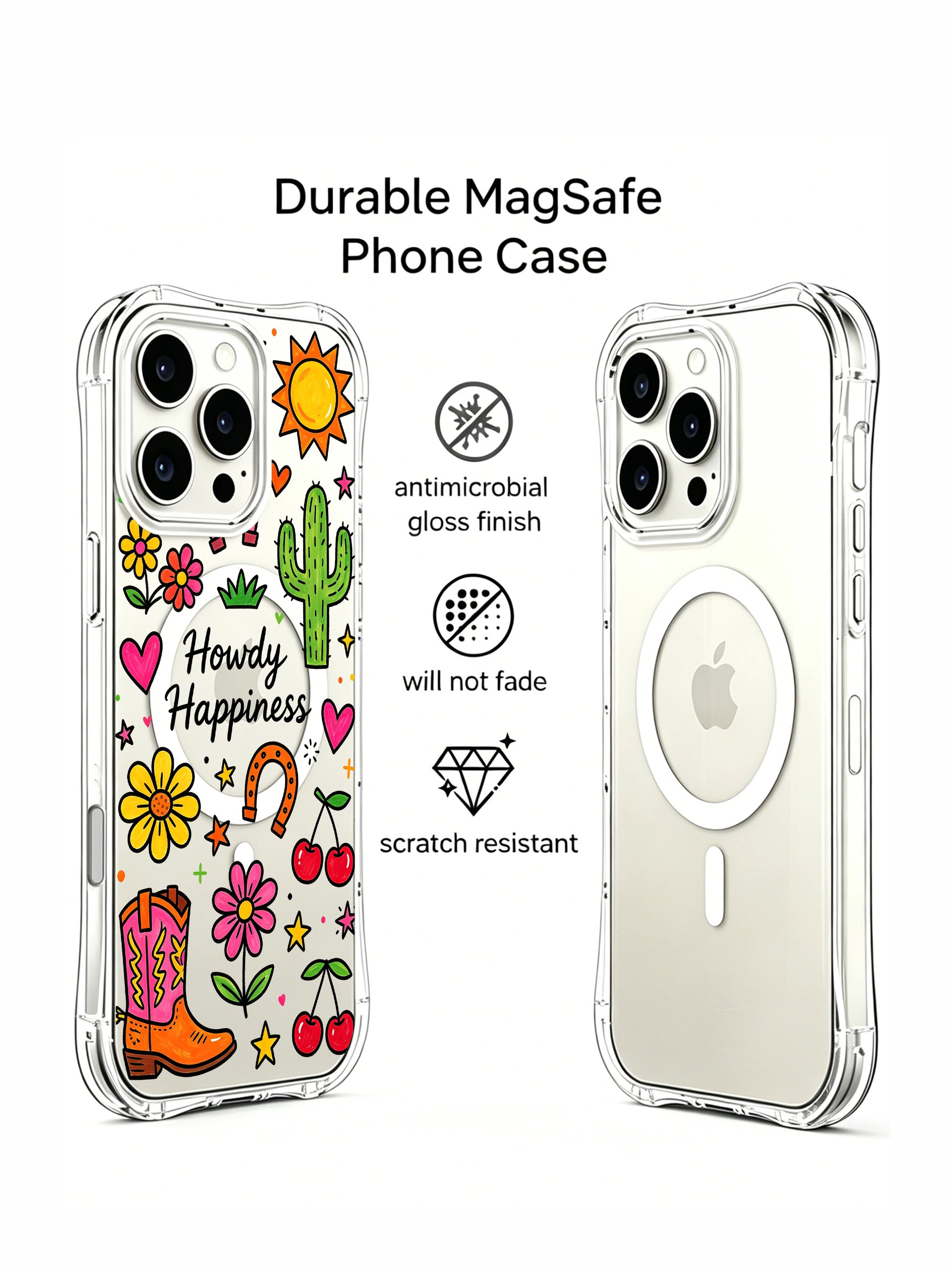 PhoneCasing iPhone 16 Pro Max anti-yellow transparent MagSafe case, Howdy Happiness vibrant desert western illustration representing free upbeat daily joy