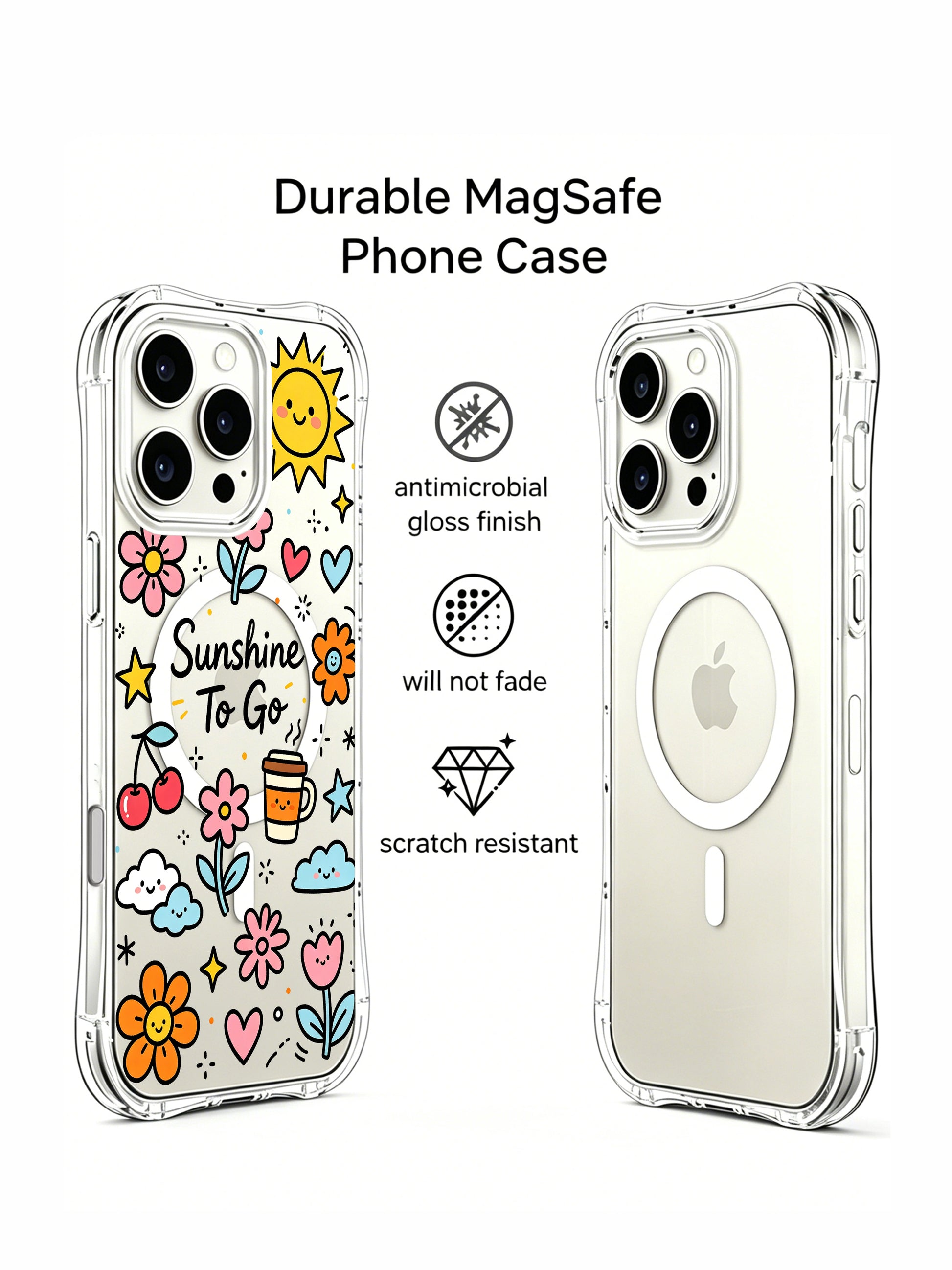 PhoneCasing iPhone 16 Pro Max transparent case with hand-drawn cherry and cloud pattern, durable MagSafe protective cover for women