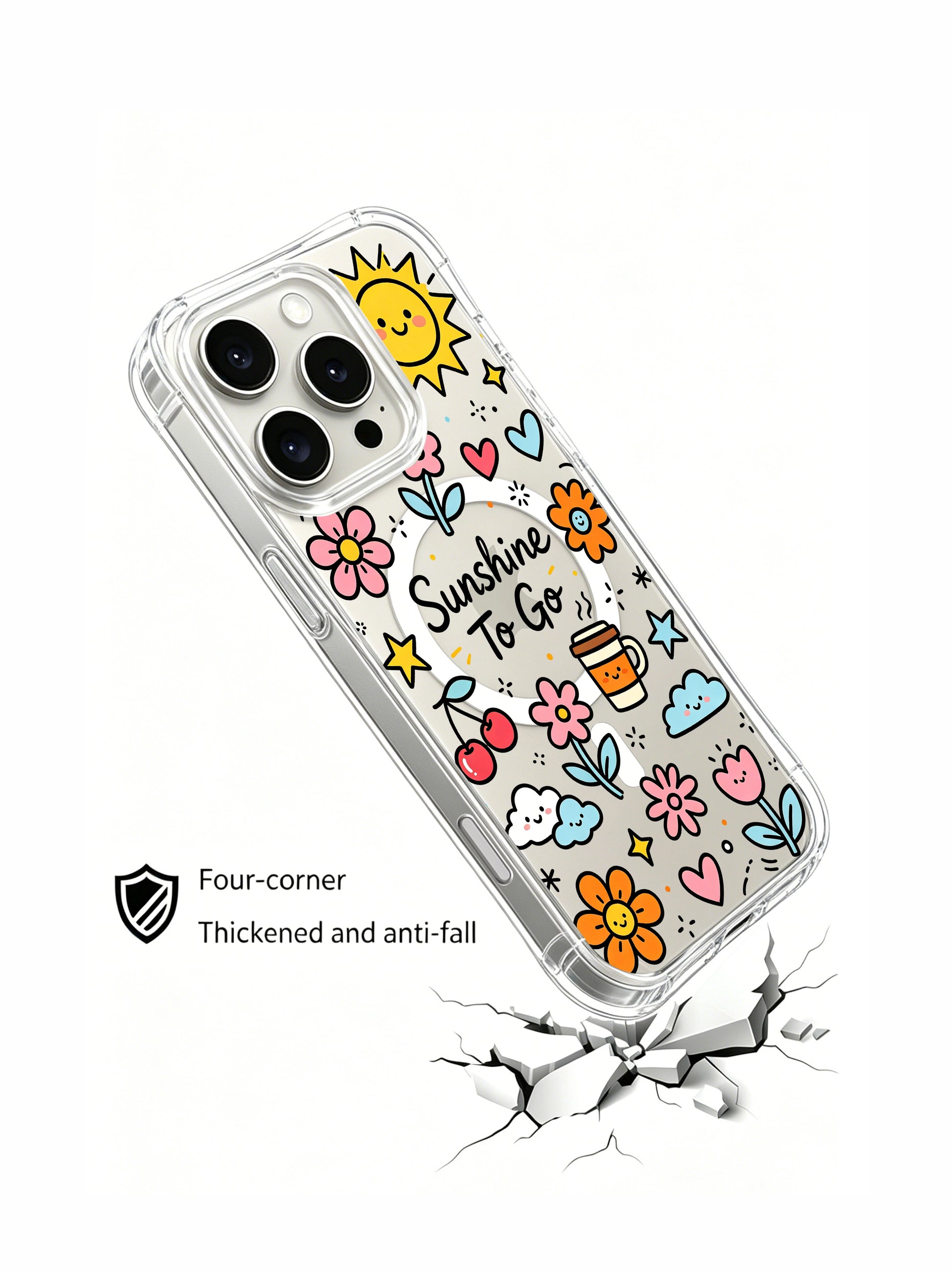 PhoneCasing iPhone 16 Pro Max MagSafe case with Sunshine To Go art - anti-yellowing clear casing with colorful daily doodles