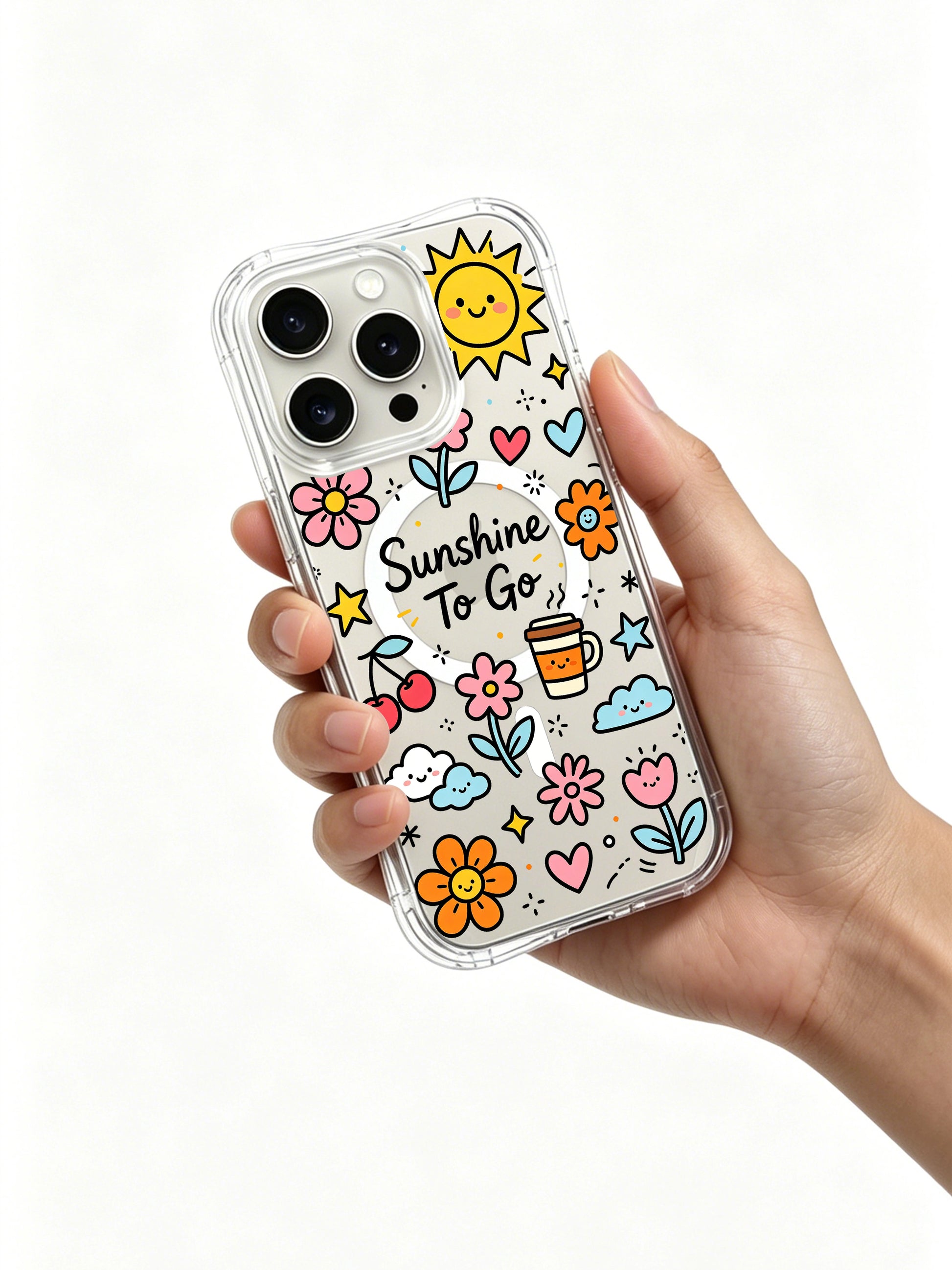 PhoneCasing iPhone 16 Pro Max slim clear case featuring coffee cup and flower doodles, shock-absorbent protective cover