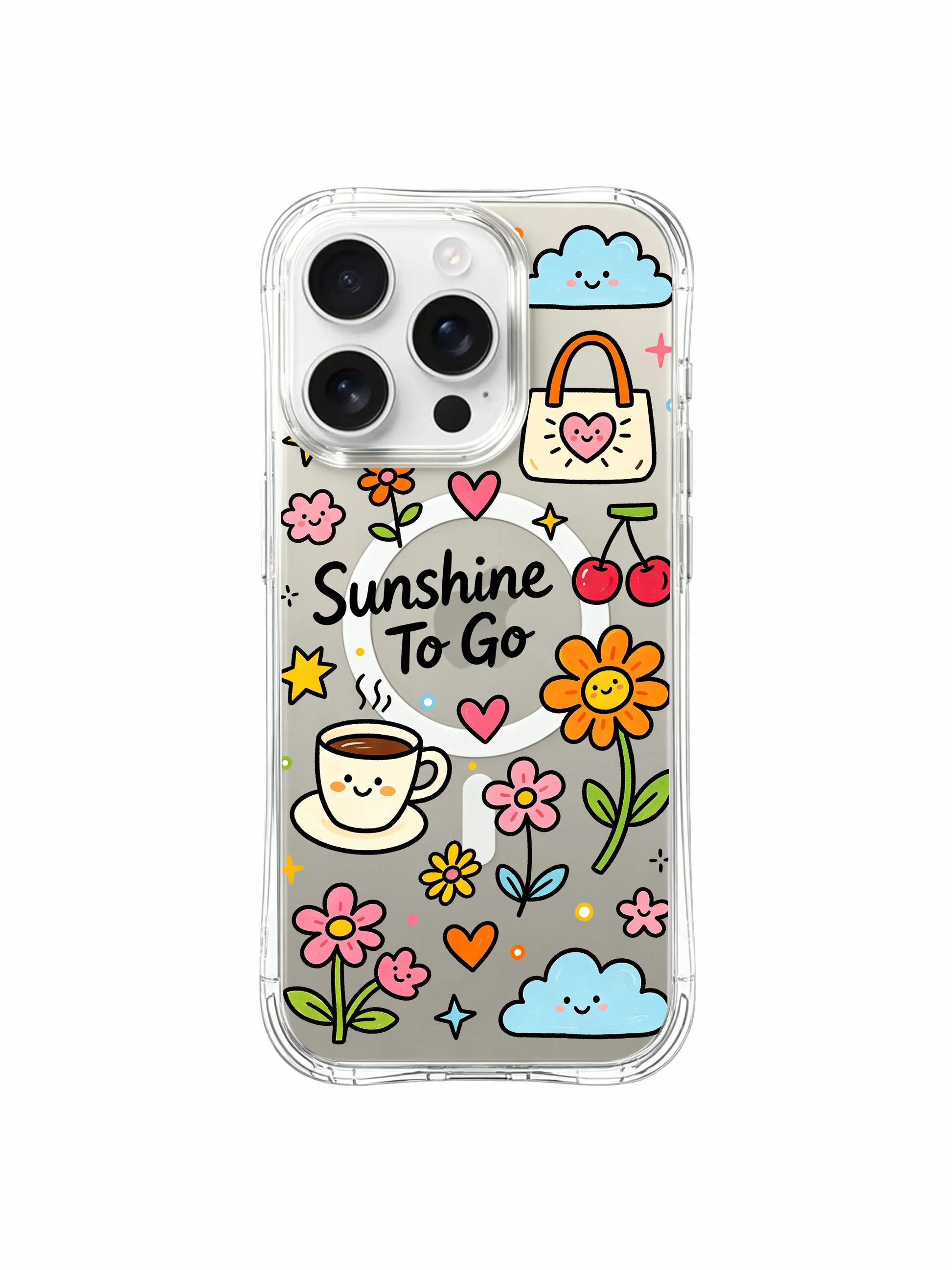 PhoneCasing iPhone 16 Pro Max durable clear case featuring colorful cherry and cloud print, scratch-resistant