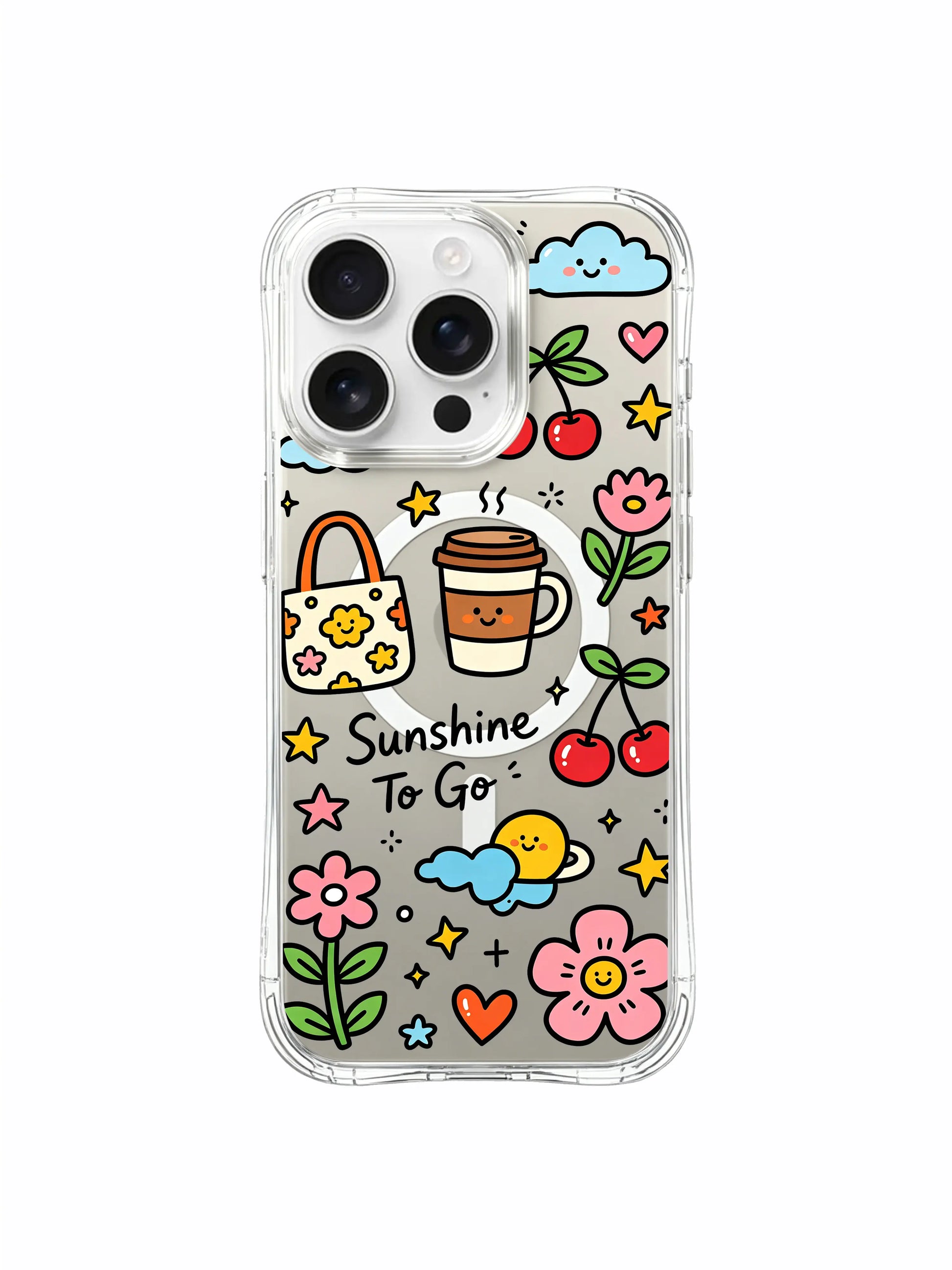 PhoneCasing iPhone 16 Pro Max slim clear case featuring hand-drawn sunshine and flower pattern, shock-absorbent protective cover