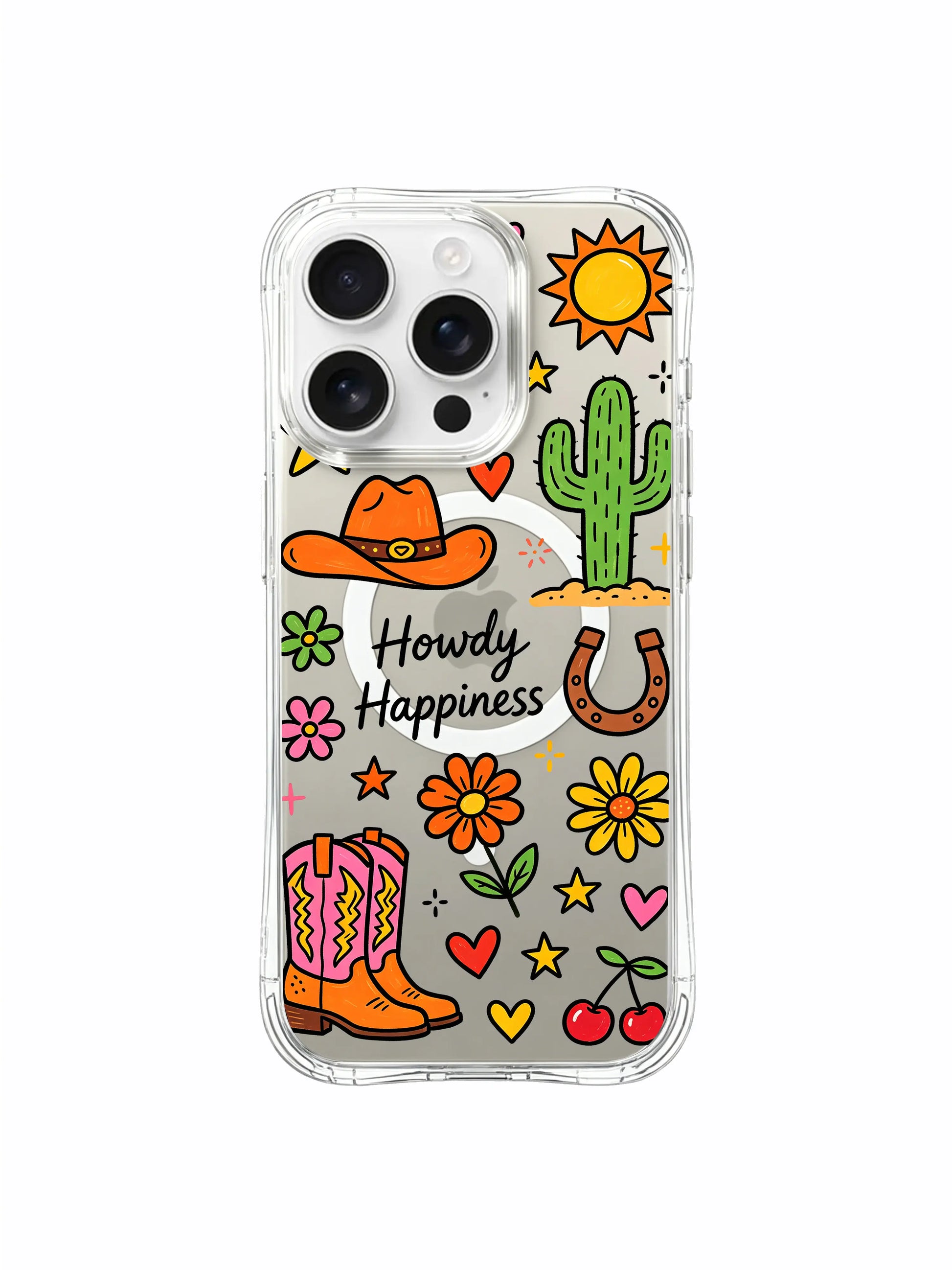 PhoneCasing iPhone 16 Pro Max trendy art clear casing for cowgirl aesthetic women, playful Howdy Happiness horseshoe and wildflower doodle print
