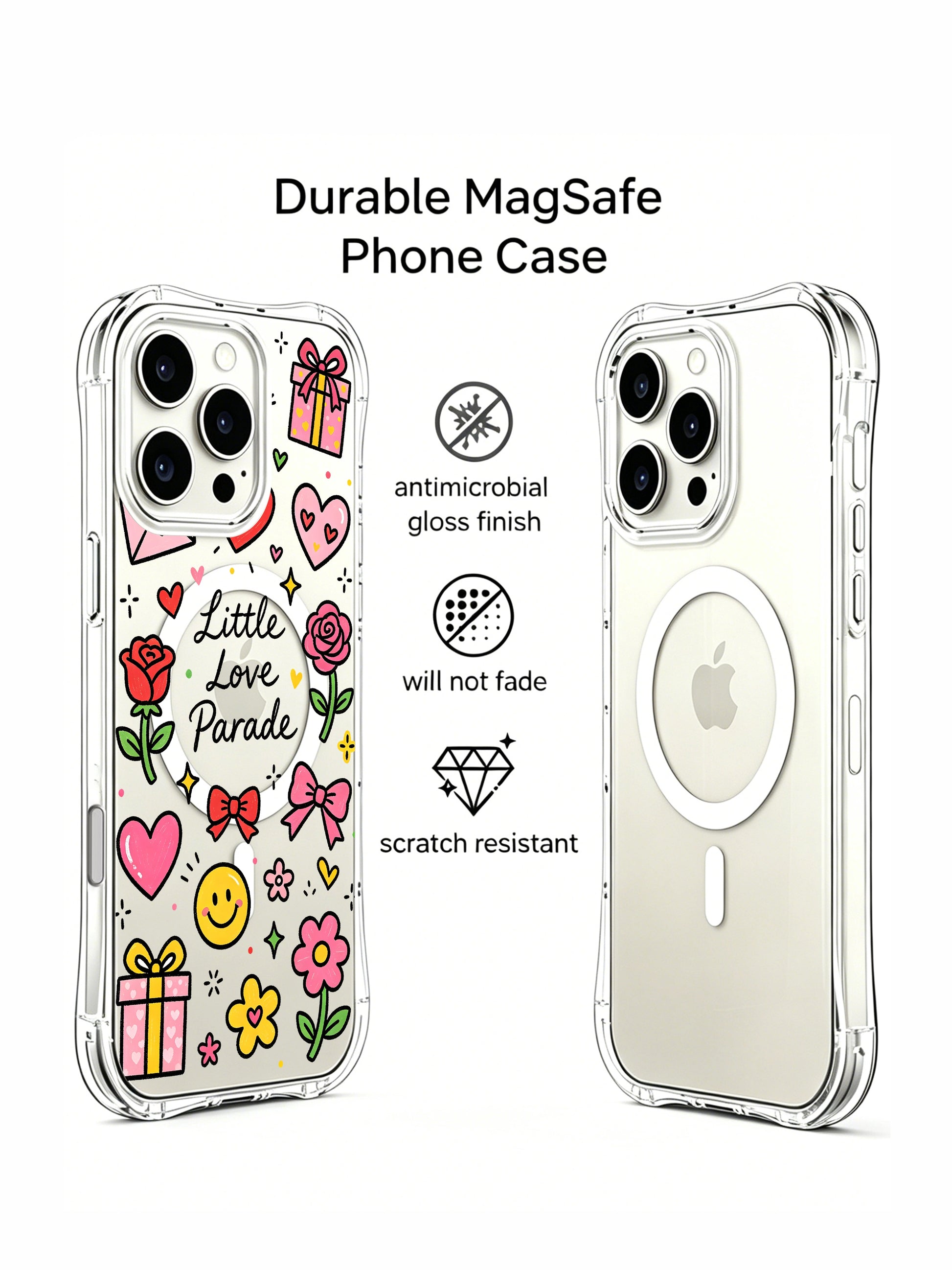 PhoneCasing iPhone 16 Pro Max transparent MagSafe casing, Little Love Parade warm positive heart parade illustration for daily carry