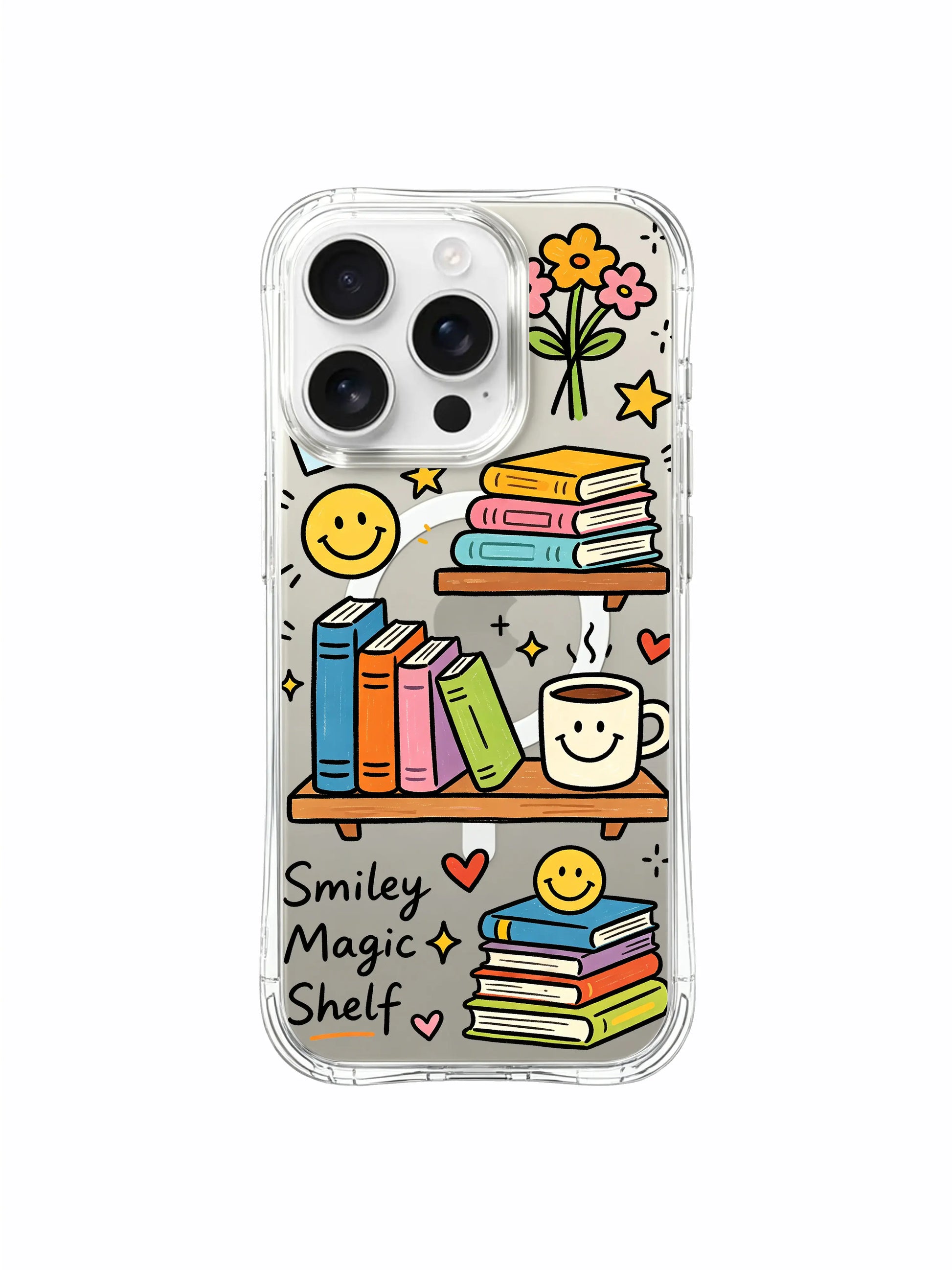 PhoneCasing iPhone 16 Pro Max reinforced thickened four-corner anti-fall MagSafe casing, warm Smiley Magic Shelf pastel floral and book doodle design