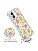 Side profile transparent dual-layer shockproof iPhone 16 pro max casing from PhoneCasing, Cream Color Daisy Parade spring daisy art with crystal rhinestone camera trim for iPhone 16 pro max.
