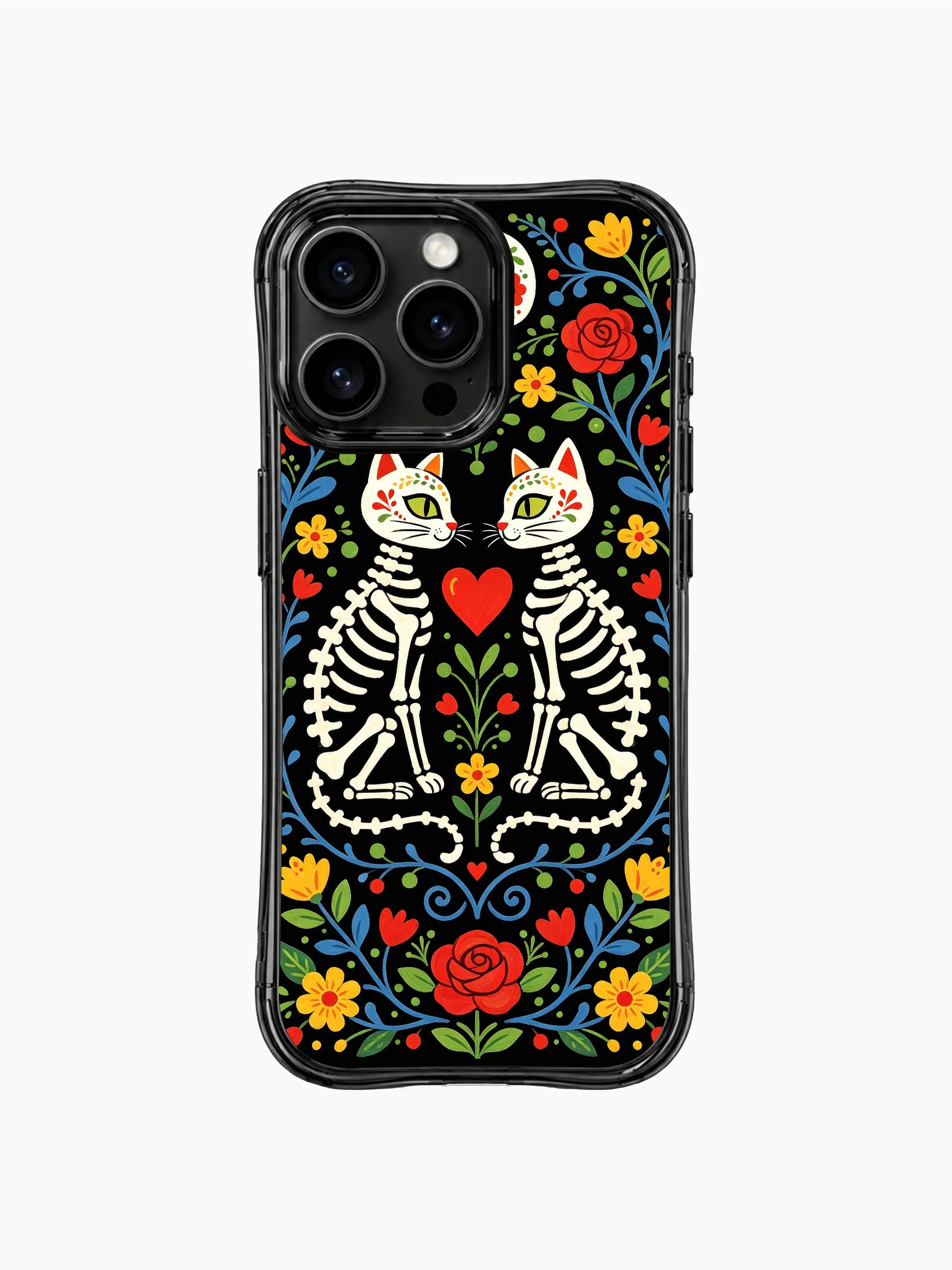Twin skeleton cats with sugar skull faces on this PhoneCasing iPhone 16 pro max case, vibrant folk art design with hearts and floral borders.