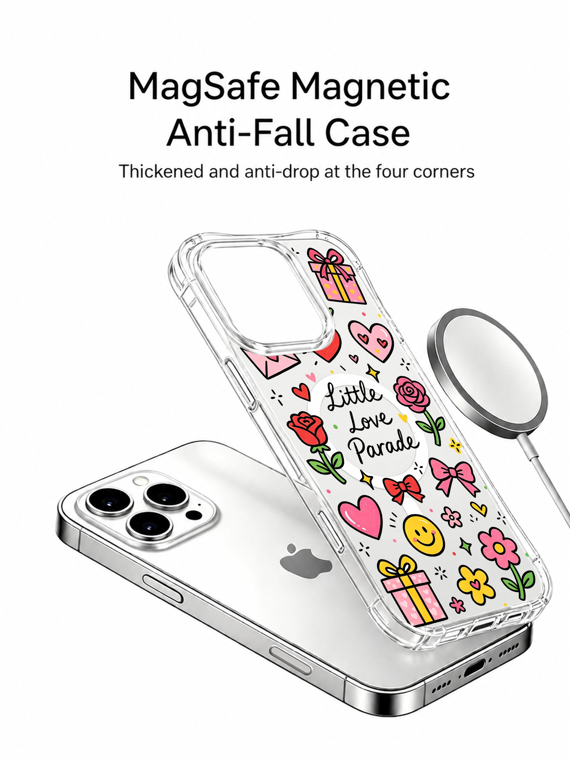 PhoneCasing iPhone 16 Pro Max slim anti-drop cover with hand drawn rose, gift box and love letter doodles from Little Love Parade art