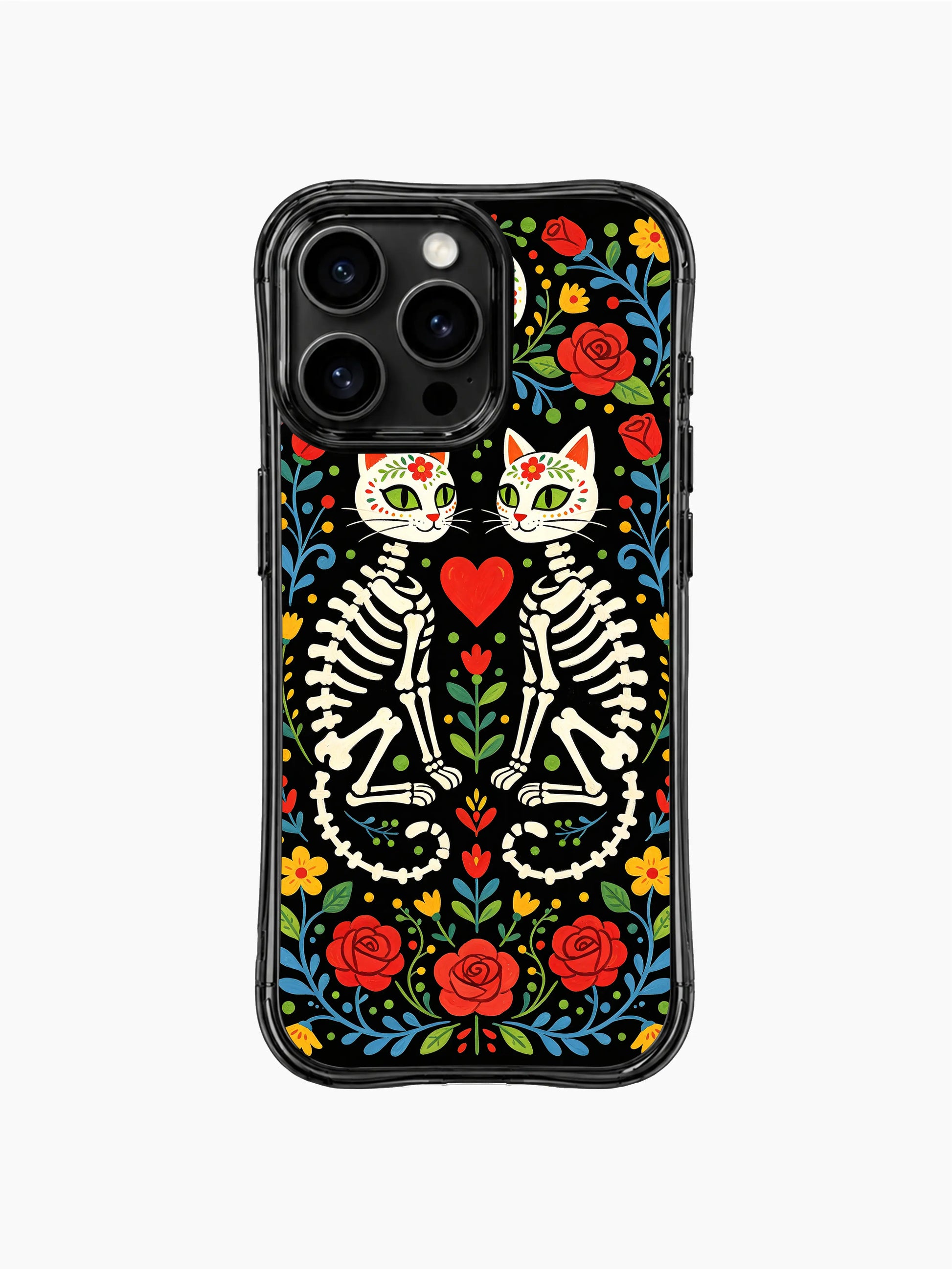 Vibrant Day of the Dead twin skeleton cats on PhoneCasing iPhone 16 pro max case, folk art style with sugar skull faces and floral patterns.Vibrant Day of the Dead twin skeleton cats on PhoneCasing iPhone 16 pro max case, folk art style with sugar skull faces and floral patterns.v