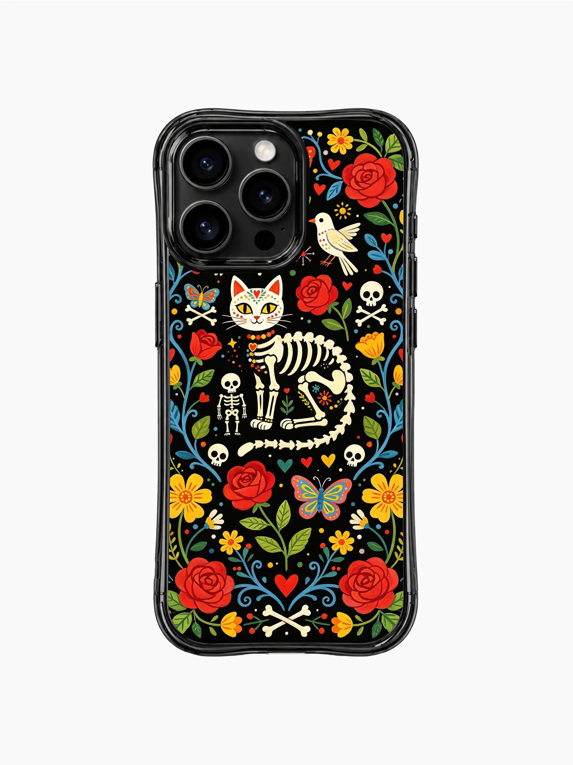 Vibrant folk art skeleton cat on this PhoneCasing iPhone 16 pro max case, Day of the Dead style with sugar skull details and floral patterns.