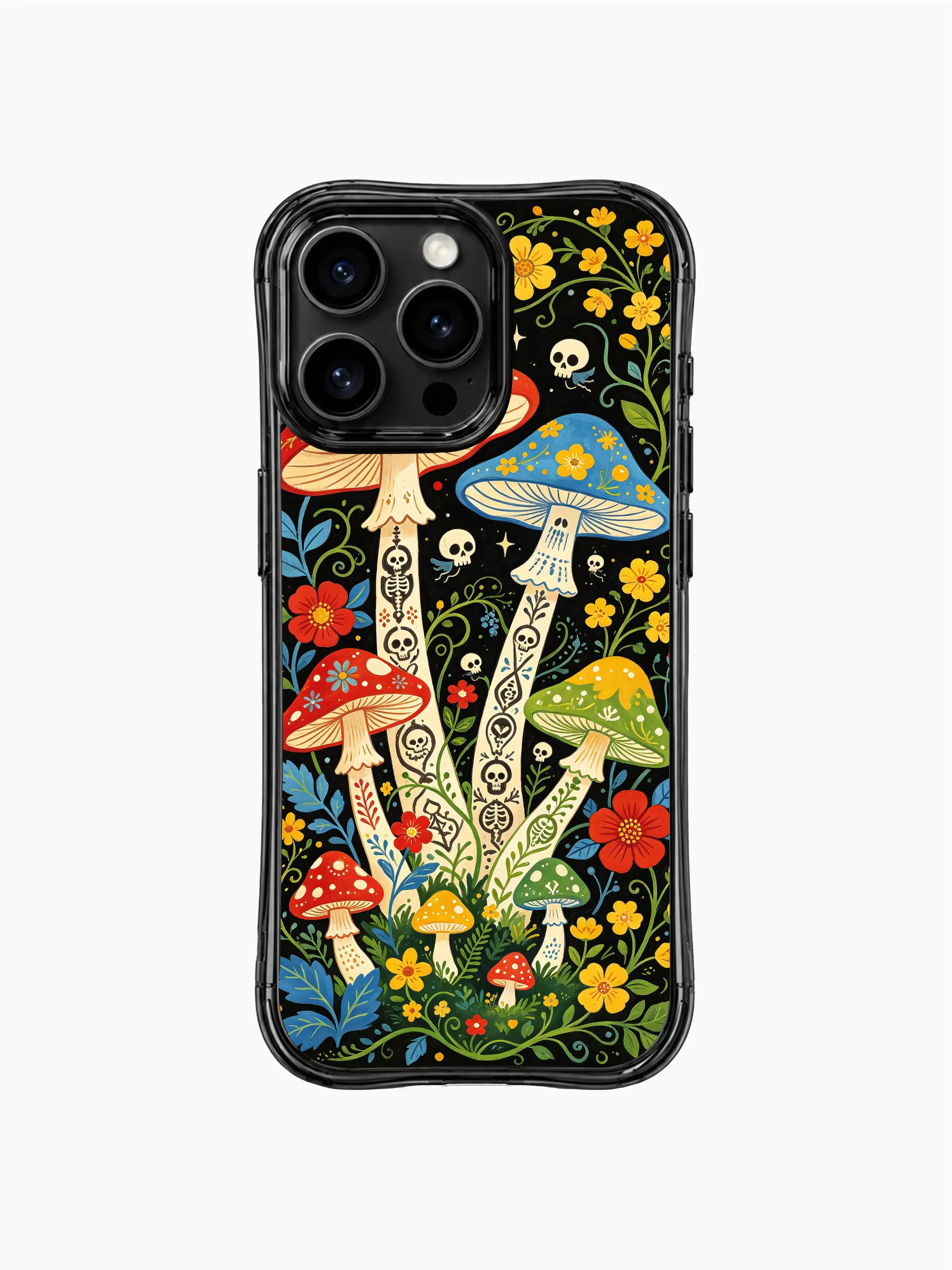Vibrant mushroom spirit forest on this PhoneCasing iPhone 16 pro max case, folk art style with colorful blooms, skulls and enchanted mushrooms.