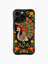 Vibrant skeleton peacock on this PhoneCasing iPhone 16 pro max case, folk art style with roses, hearts, and colorful blooms.