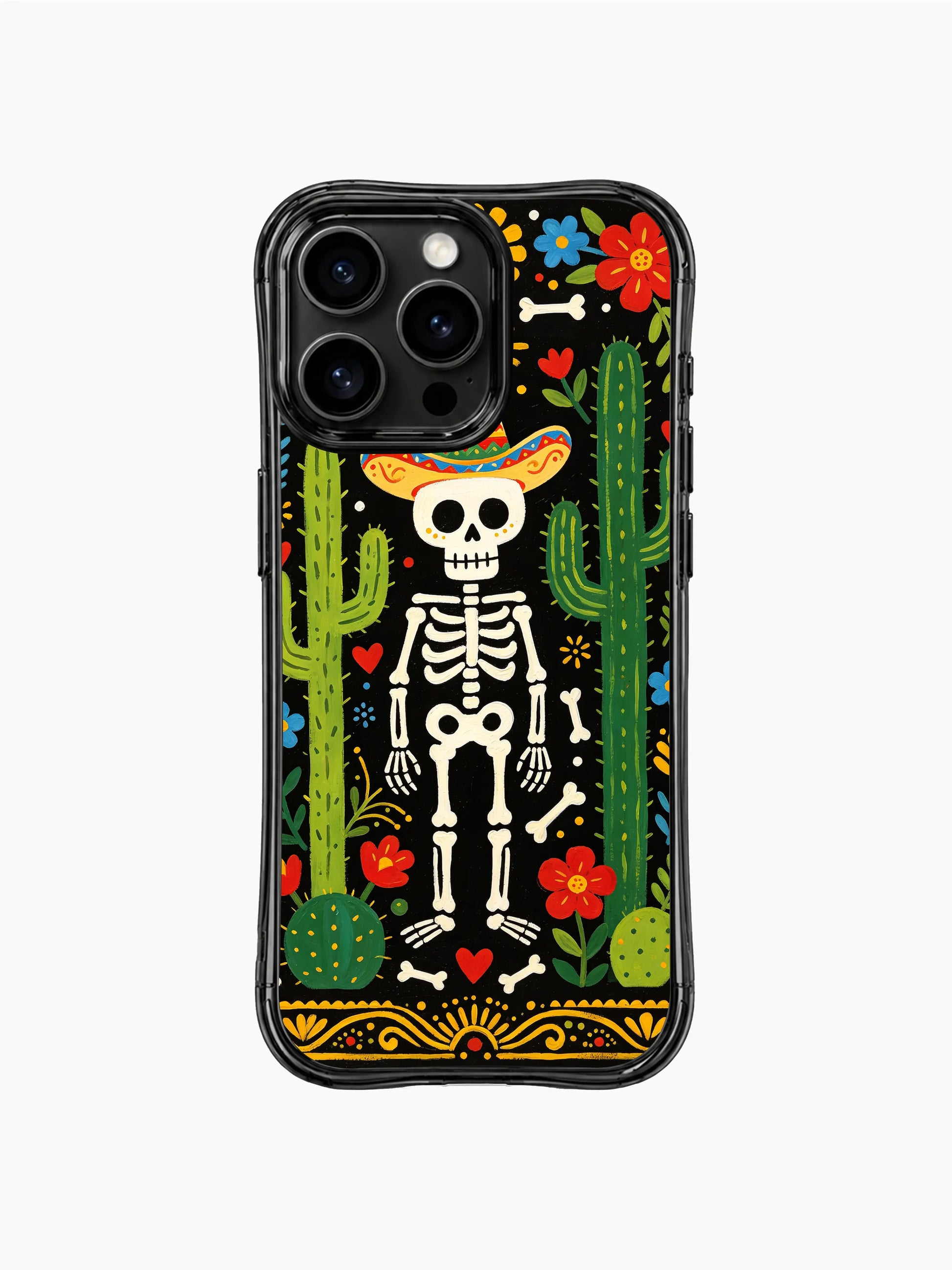 Vibrant skeleton cowboy on this PhoneCasing iPhone 16 pro max case, folk art style with cacti, red flowers, and blue blooms.