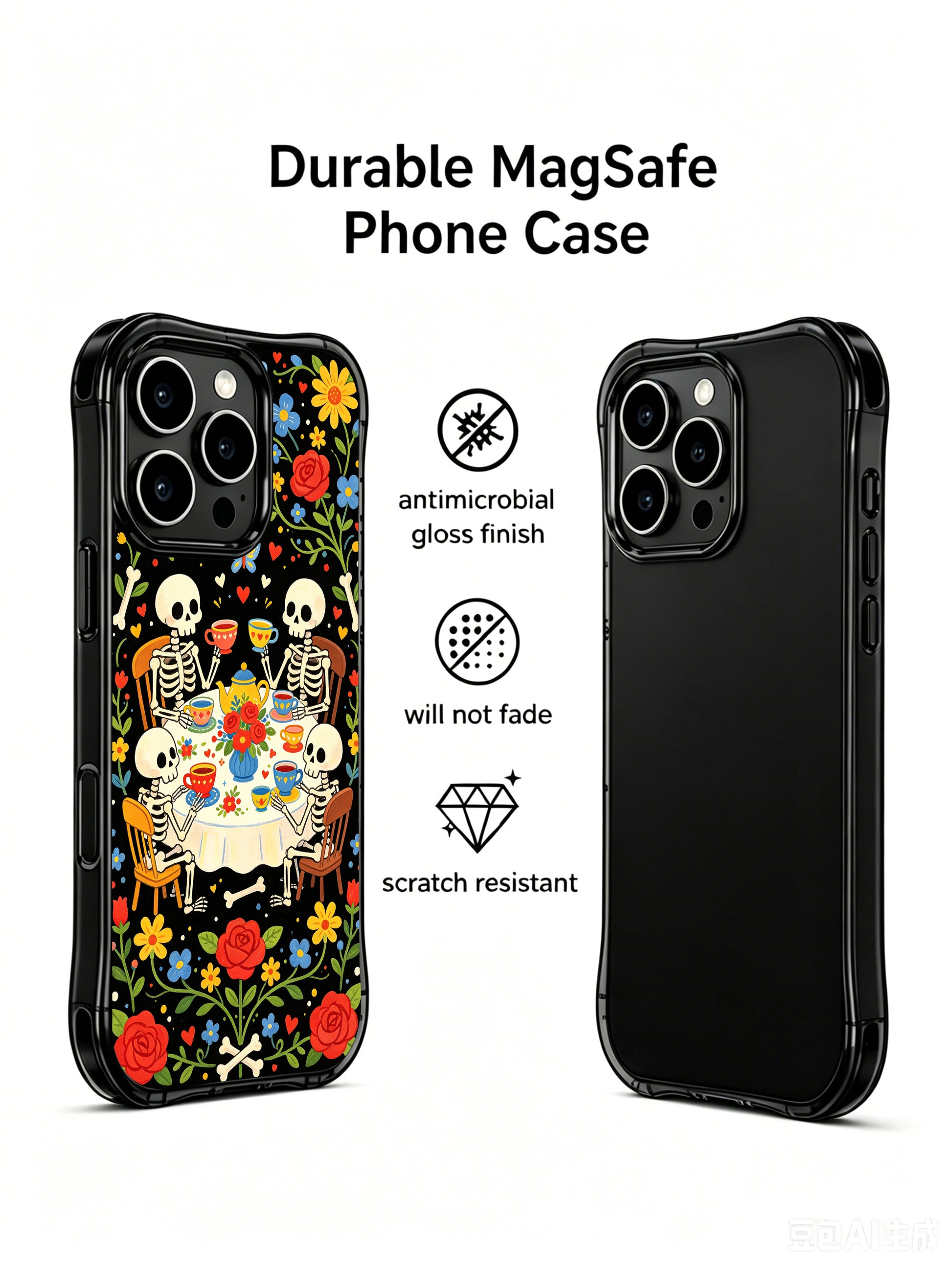 Vibrant skeleton tea party on this PhoneCasing iPhone 16 pro max case, folk art style with colorful blooms, butterflies and playful skeletons.