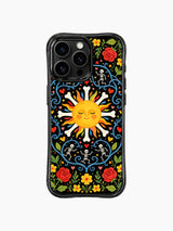 Vibrant sun and skeletons on this PhoneCasing iPhone 16 pro max case, folk art style with roses, hearts, and blue vines.