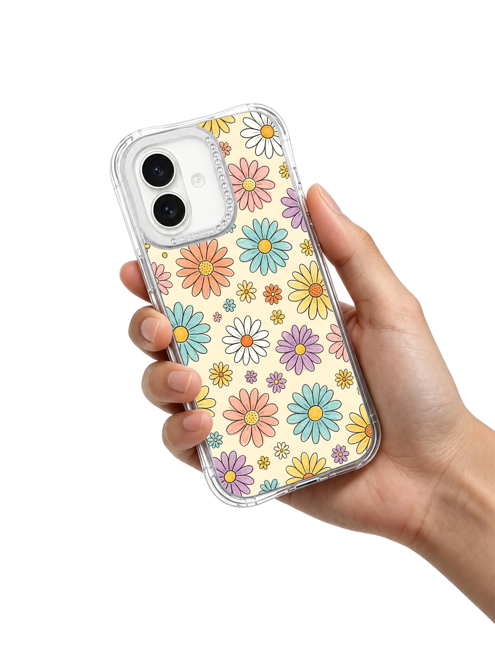 Vintage notebook sticker style Cream Color Daisy Parade full print iPhone 16 pro max casing, cheerful multi-color daisy illustration crafted by PhoneCasing for iPhone 16 pro max.