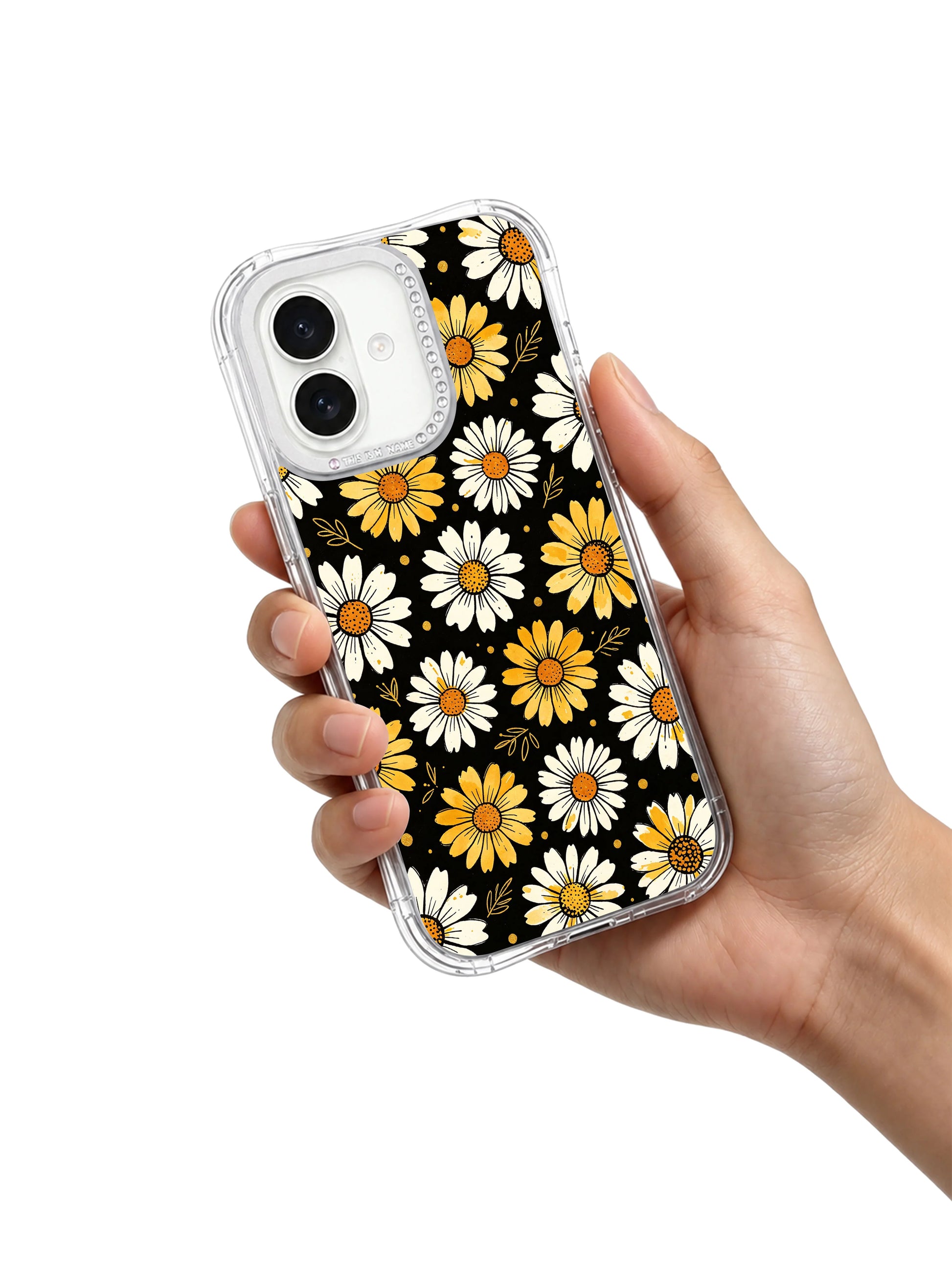 Warm glowing yellow daisy center White Bloom Signal design iPhone 16 pro max casing, bold soft black floral artwork by Estrella Nocturna exclusively at PhoneCasing for iPhone 16 pro max.