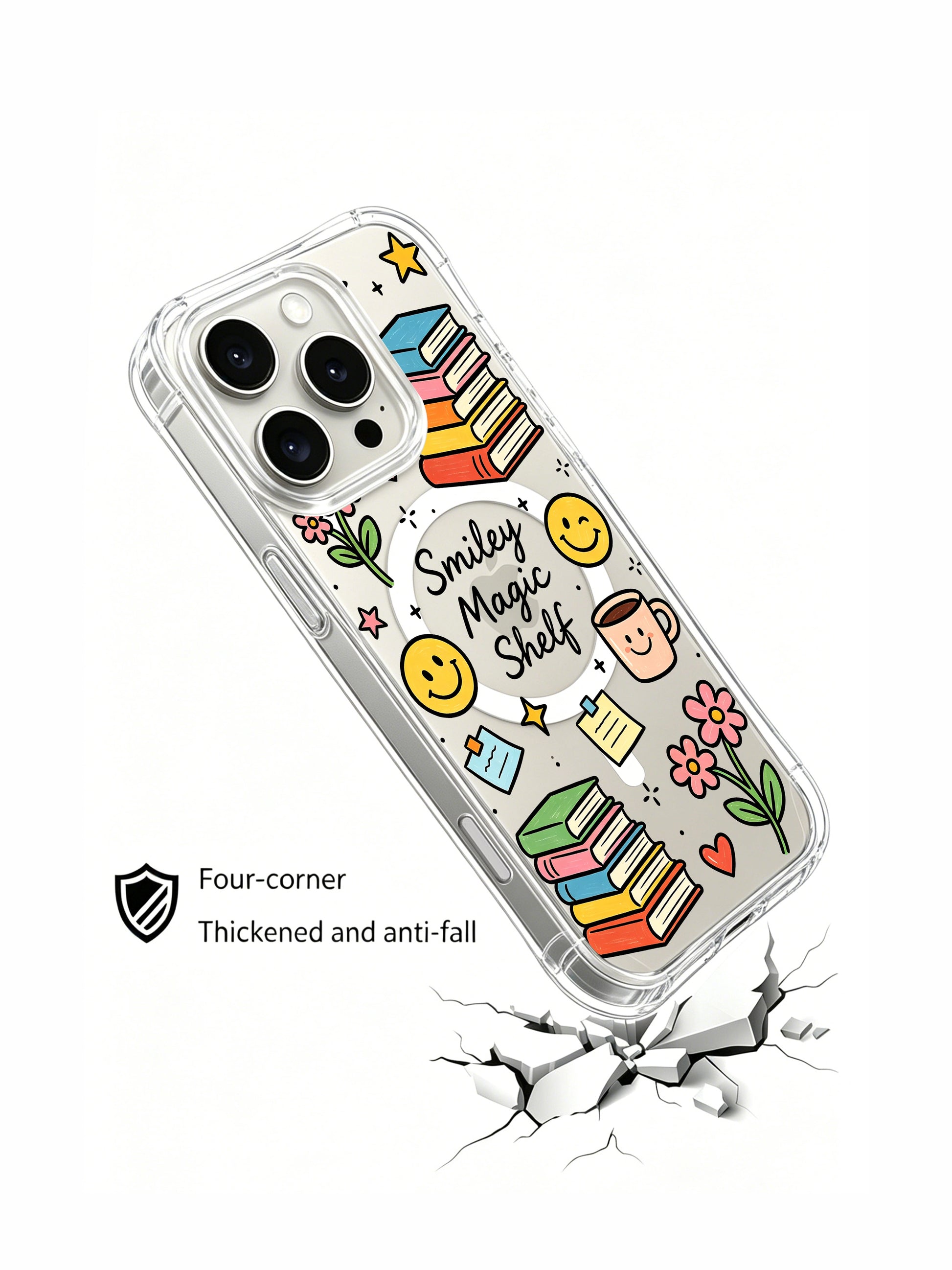 PhoneCasing iPhone 16 Pro Max wavy curved edge shockproof casing, pastel cozy shelf doodle collage with sticky notes, stars and smiley faces from Smiley Magic Shelf artwork