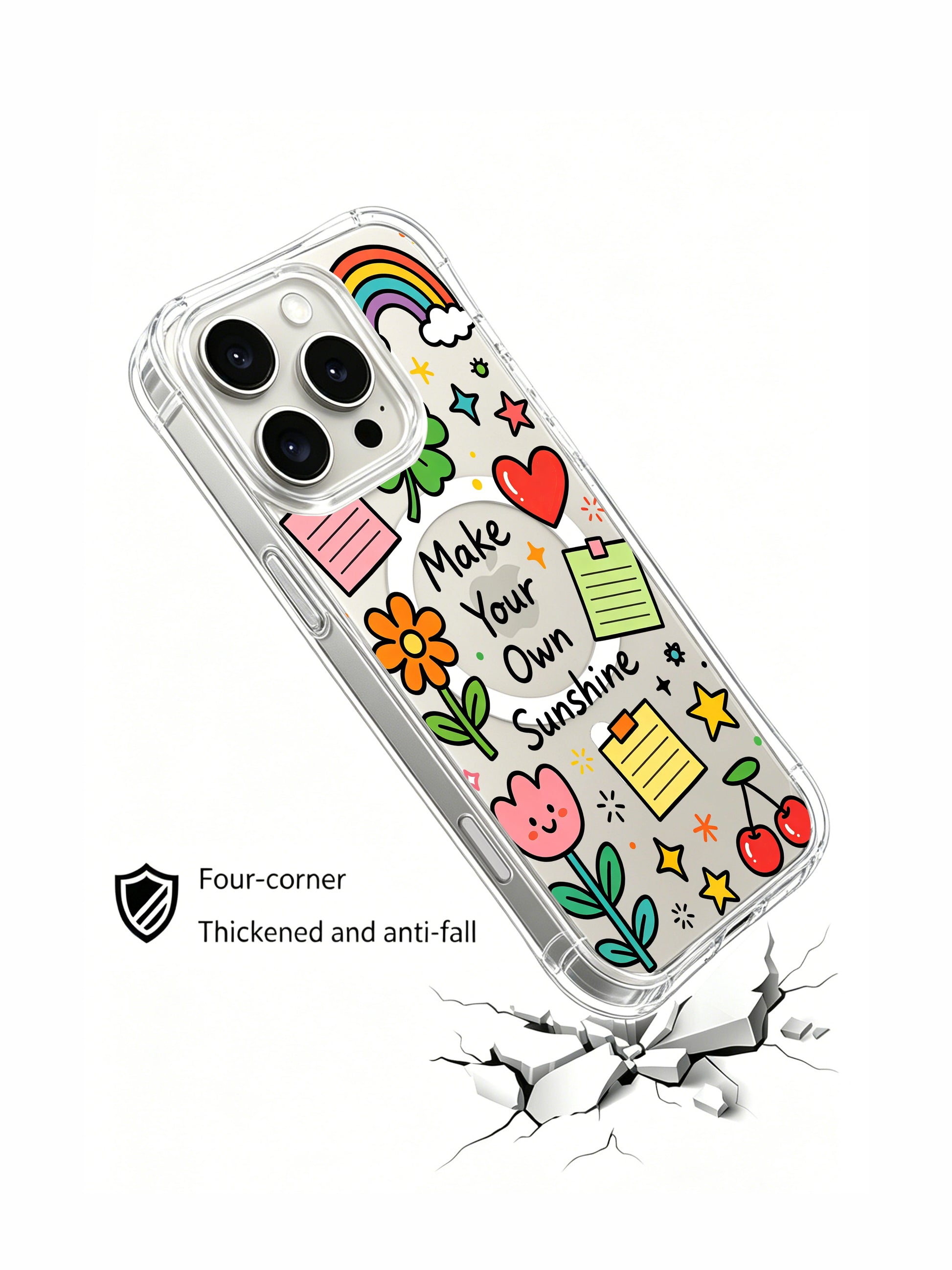 PhoneCasing iPhone 16 Pro Max wavy curved edge shockproof casing, pastel cheerful lucky doodle collage with sticky notes, stars and rainbow from Make Your Own Sunshine artwork