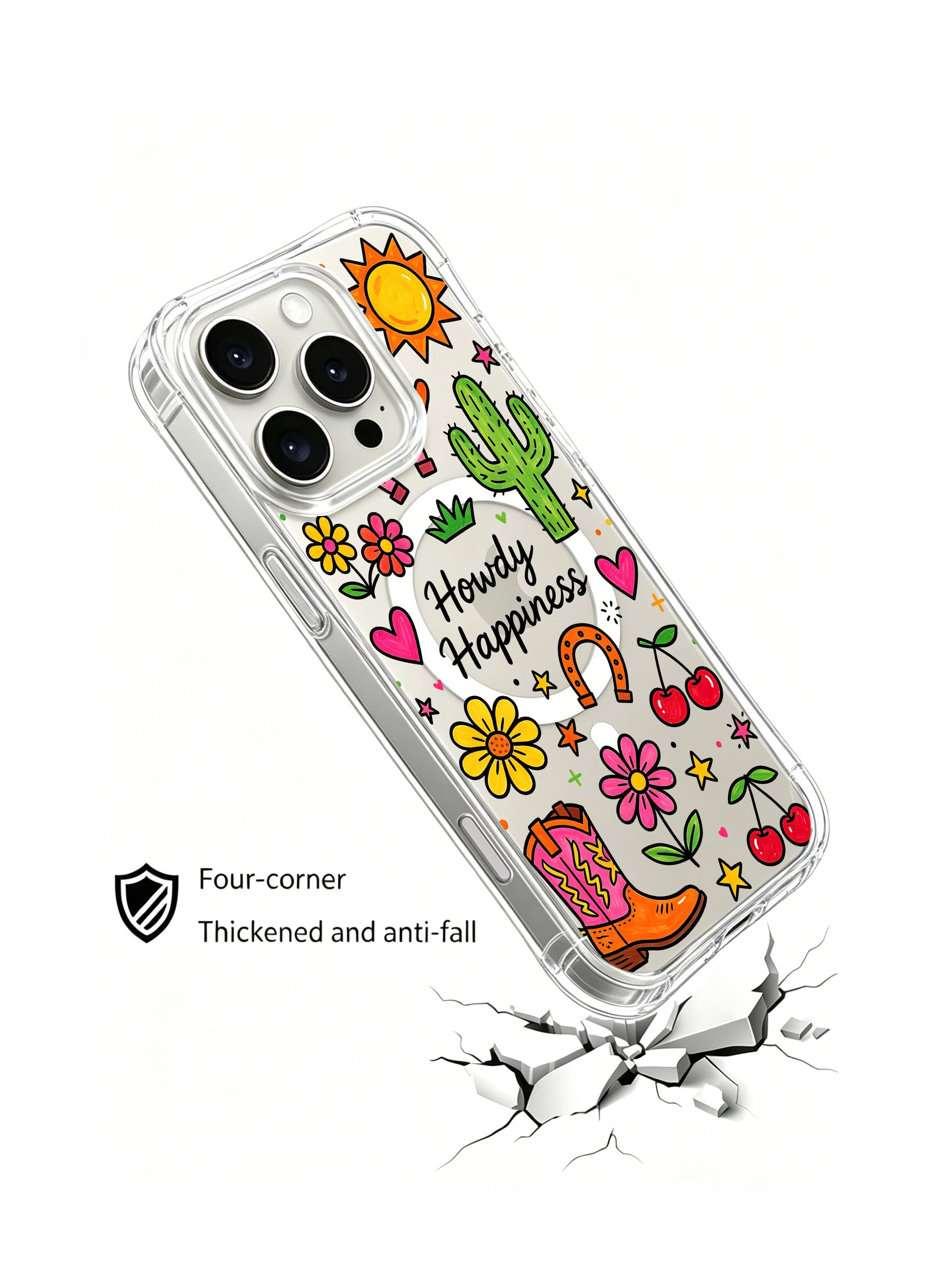PhoneCasing iPhone 16 Pro Max wavy curved edge shockproof casing, pastel western doodle collage with sun, horseshoe and daisy from Howdy Happiness artwork