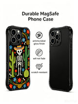 Western-themed Day of the Dead skeleton illustration on PhoneCasing iPhone 16 pro max case, featuring a skeleton cowboy with desert flowers.