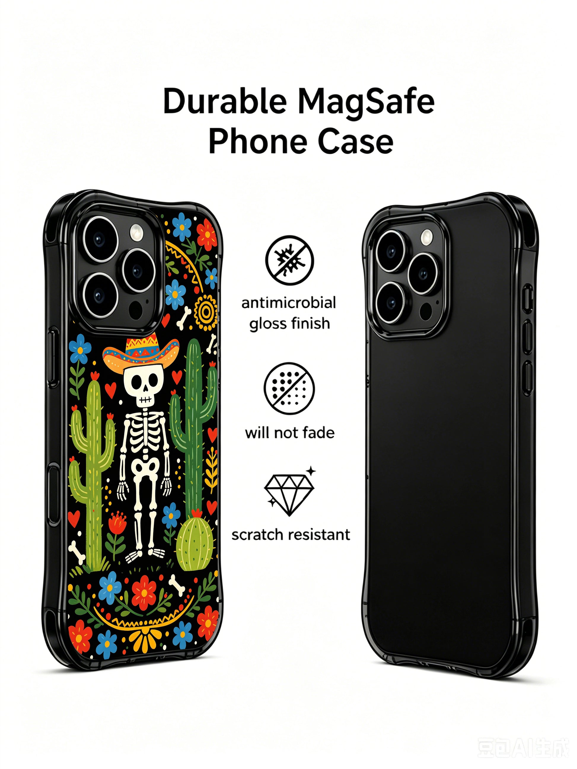 Western-themed Day of the Dead skeleton illustration on PhoneCasing iPhone 16 pro max case, featuring a skeleton cowboy with desert flowers.
