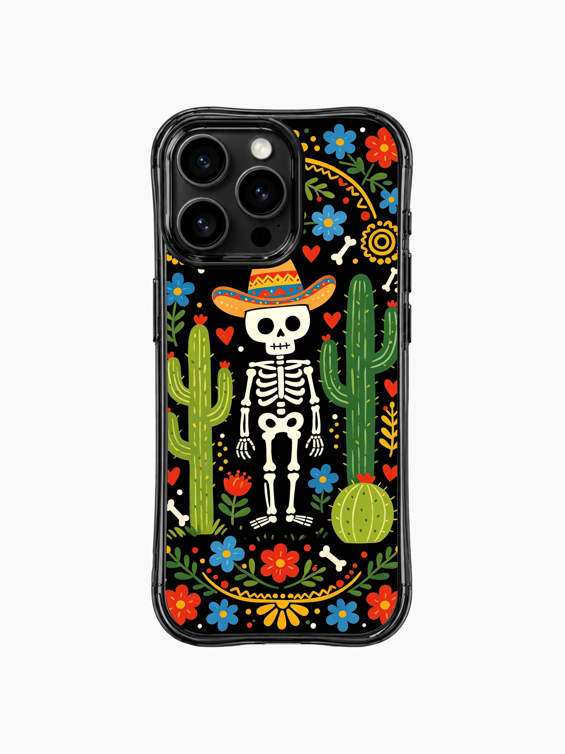 Western skeleton cowboy with cacti and roses on this PhoneCasing iPhone 16 pro max case, whimsical folk art design with vibrant colors.
