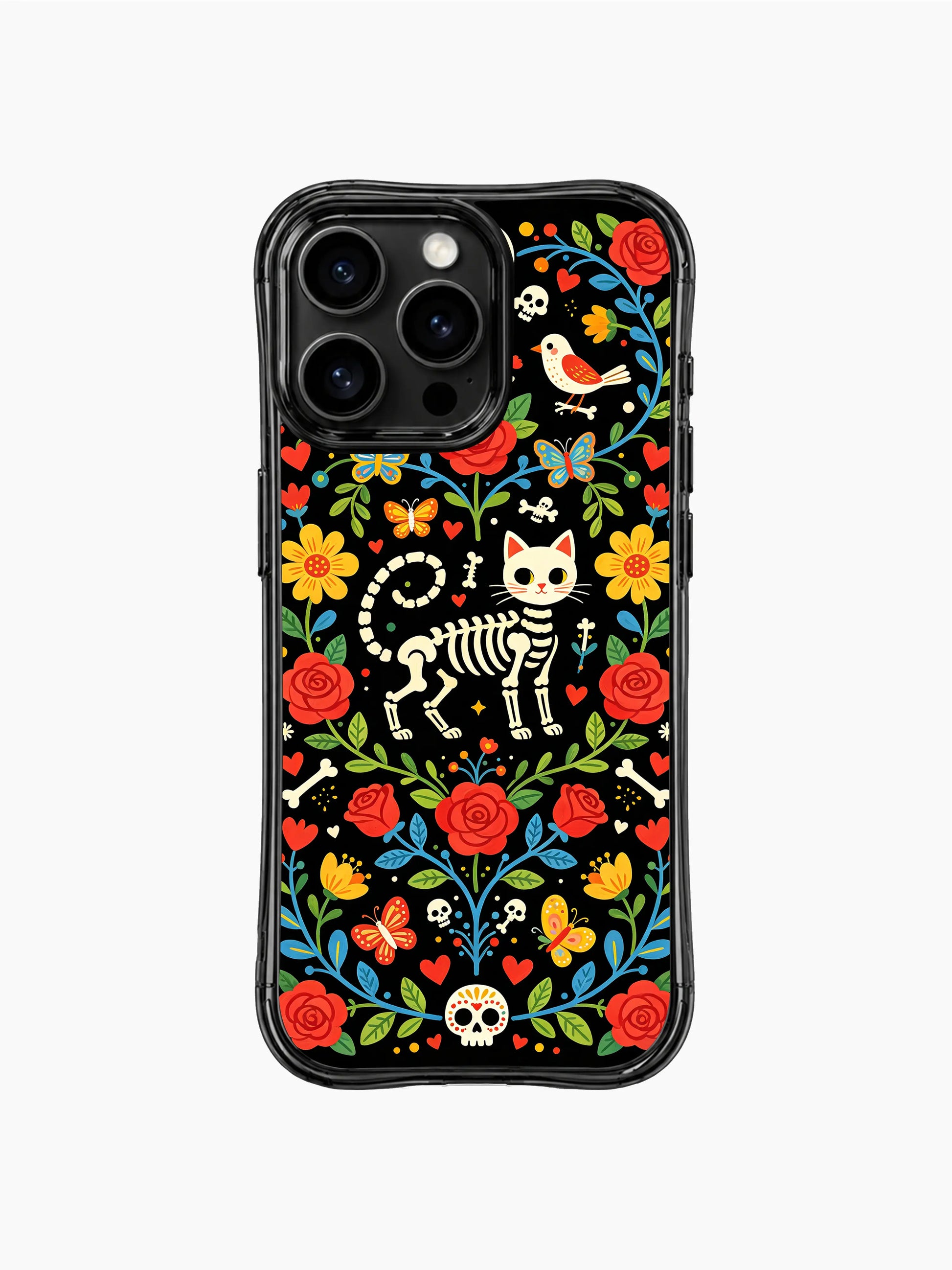 Whimsical Day of the Dead skeleton cat design on PhoneCasing iPhone 16 pro max case, featuring a cat skeleton with flowers and birds.