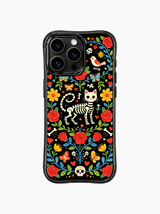 Whimsical Day of the Dead skeleton cat design on PhoneCasing iPhone 16 pro max case, featuring a cat skeleton with flowers and birds.