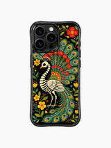 Whimsical Day of the Dead skeleton peacock design on PhoneCasing iPhone 16 pro max case, featuring a folk art peacock with a rose tail.