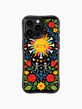 Whimsical Day of the Dead sun design on PhoneCasing iPhone 16 pro max case, featuring skeletons dancing around a folk art sun.