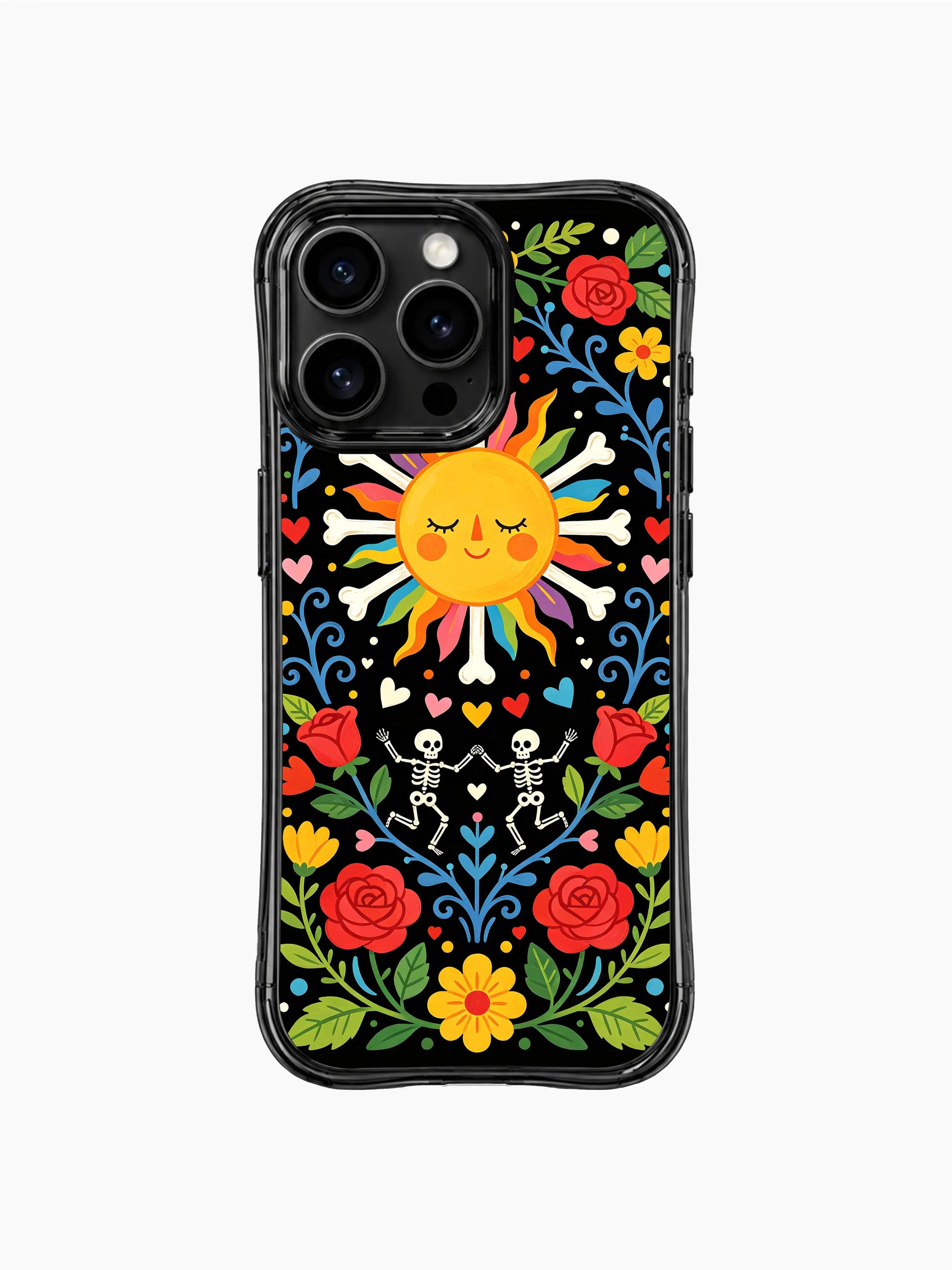 Whimsical Day of the Dead sun design on PhoneCasing iPhone 16 pro max case, featuring skeletons dancing around a folk art sun.