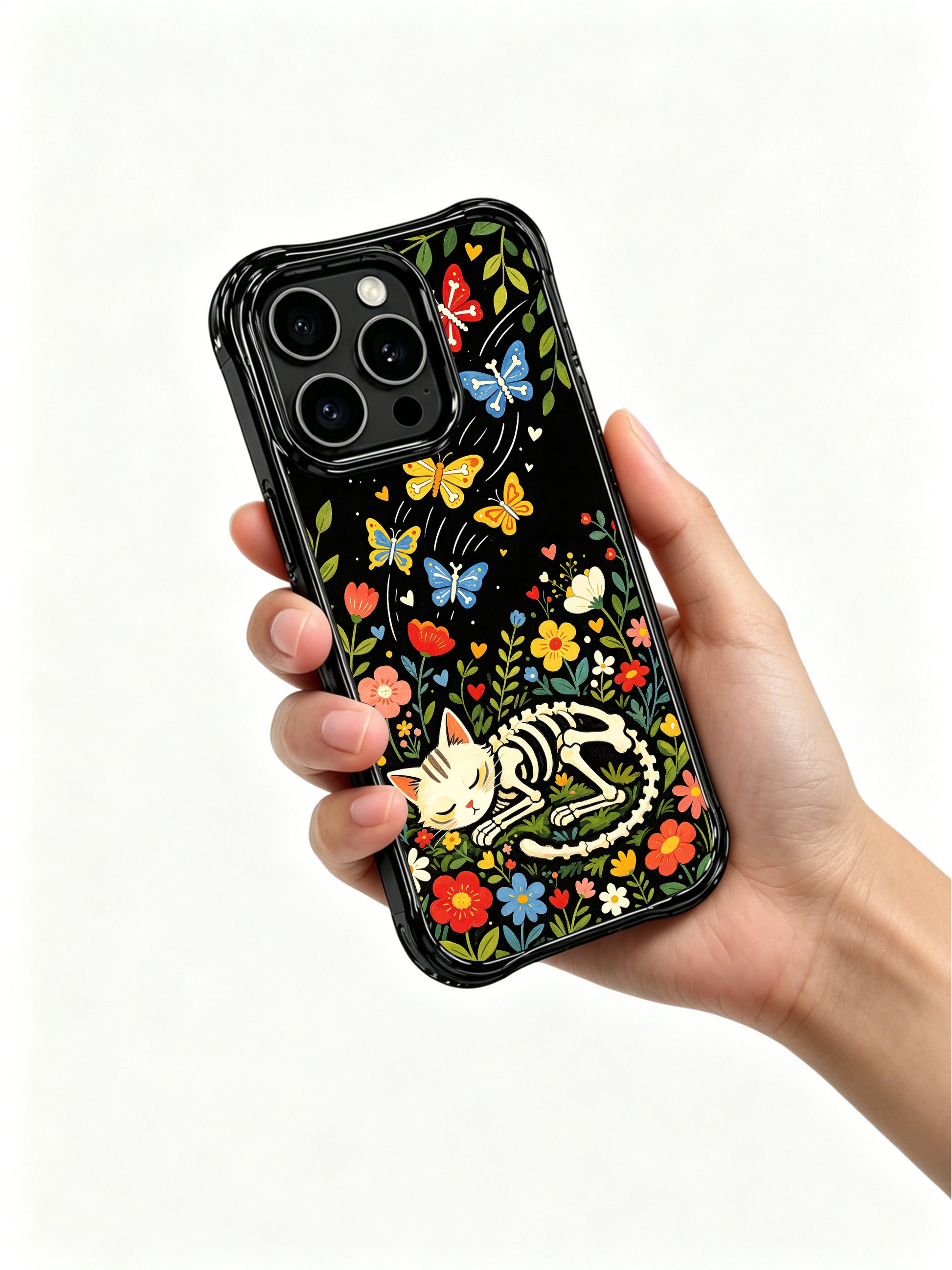 Whimsical night garden skeleton cat design on PhoneCasing iPhone 16 pro max case, featuring a cat with bone butterflies and vibrant flowers.
