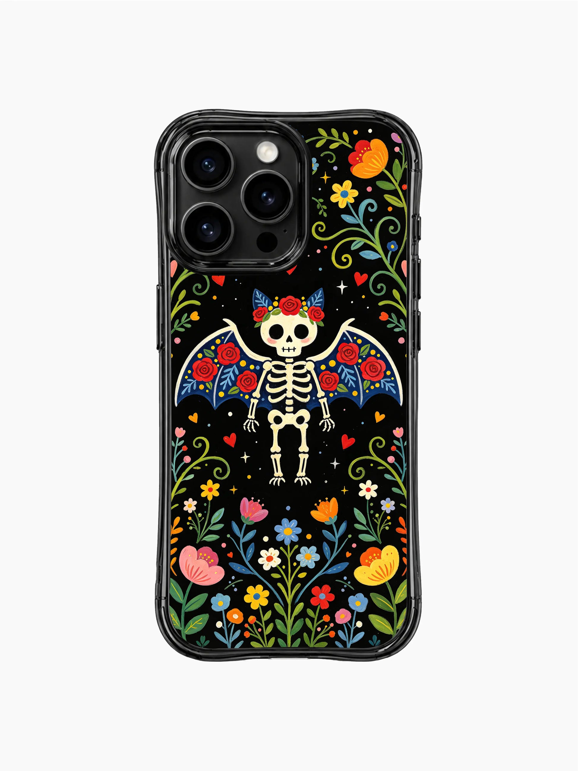 Whimsical skeleton bat with colorful flowers on PhoneCasing iPhone 16 pro max case, folk art style with hearts and star details.