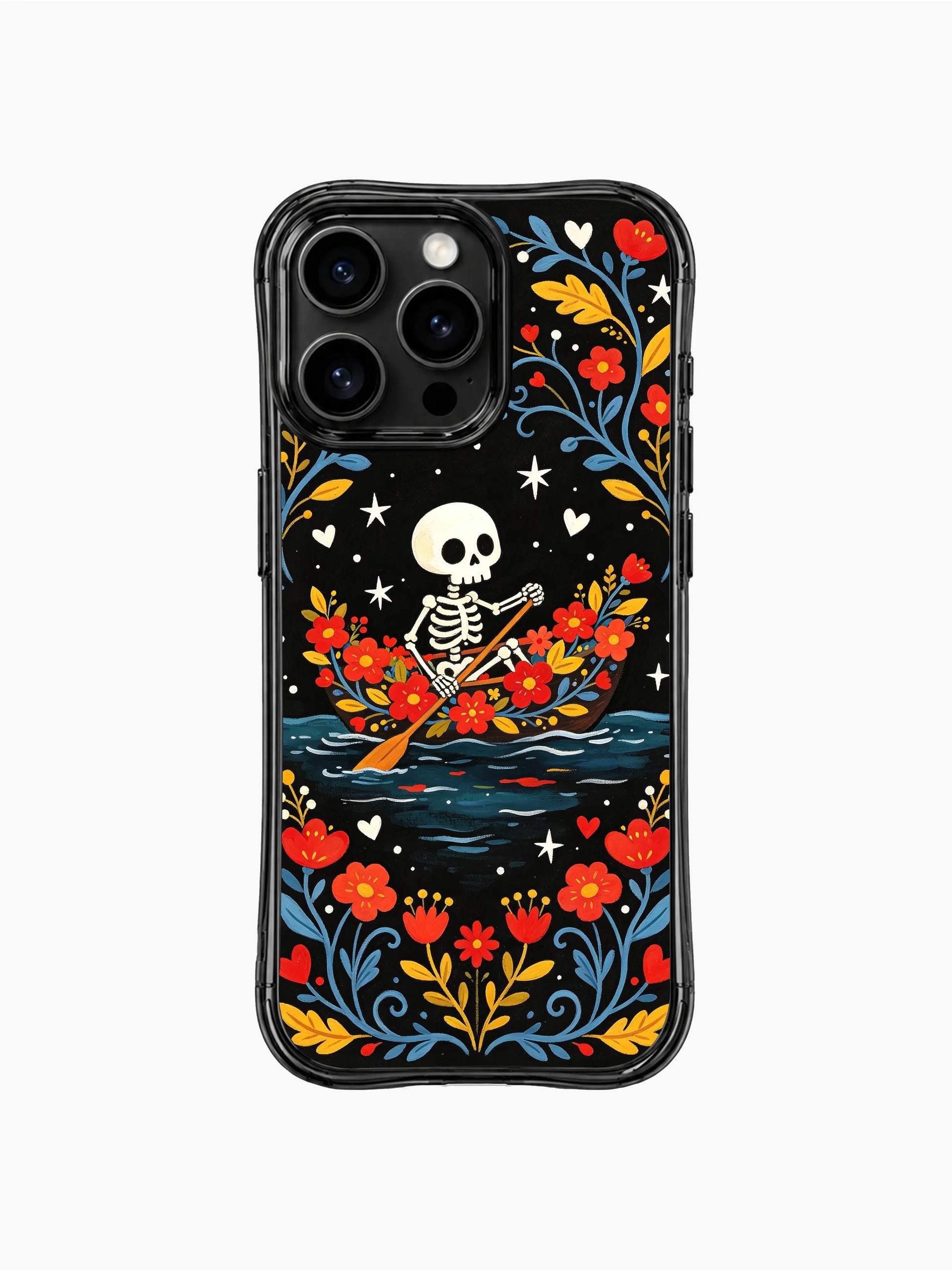 Whimsical skeleton in a floral boat design on PhoneCasing iPhone 16 pro max case, featuring red roses, yellow leaves, and star accents.