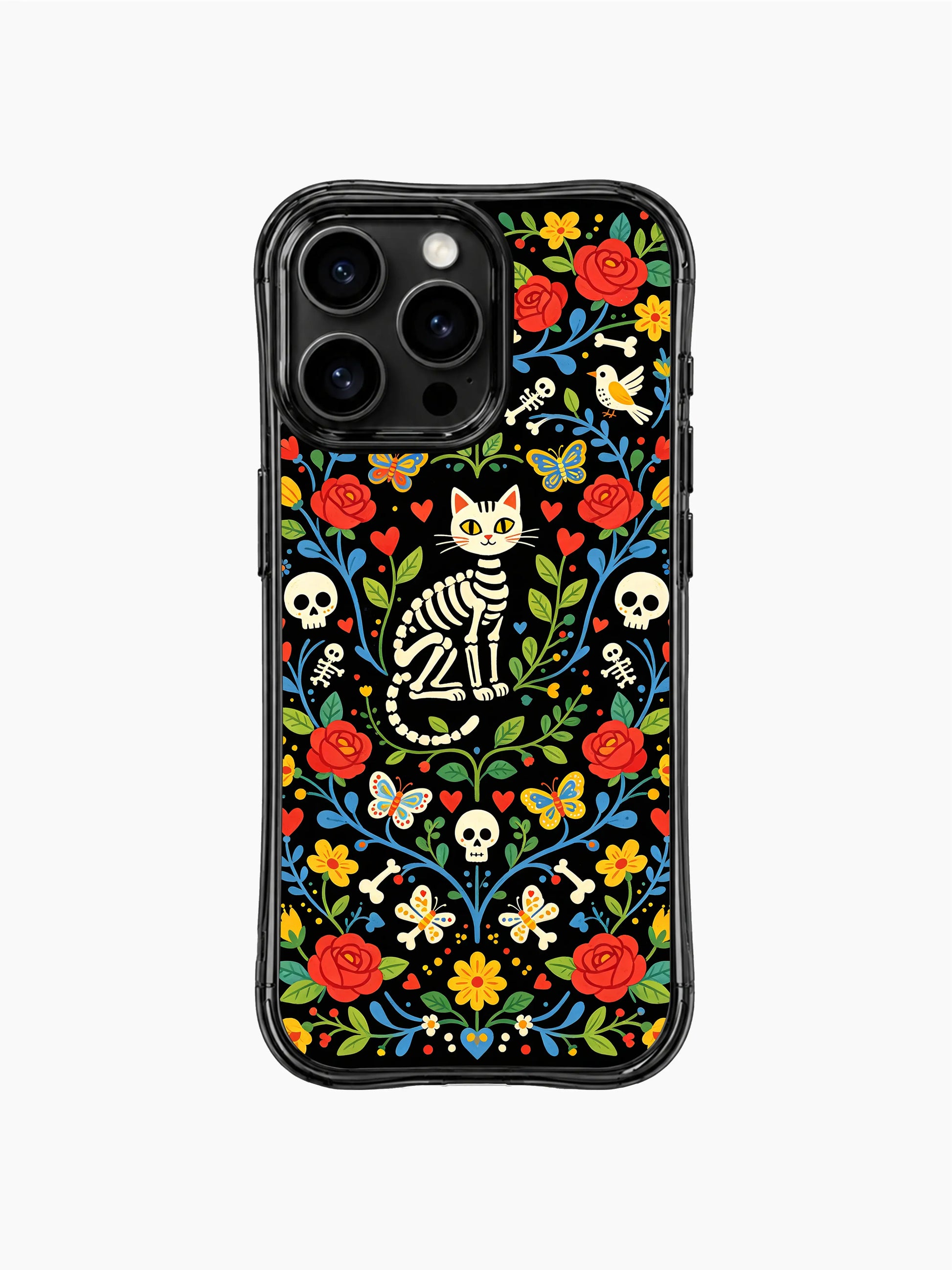 Whimsical sugar skull cat with Day of the Dead elements on this PhoneCasing iPhone 16 pro max case, folk art style with red roses and colorful blooms.
