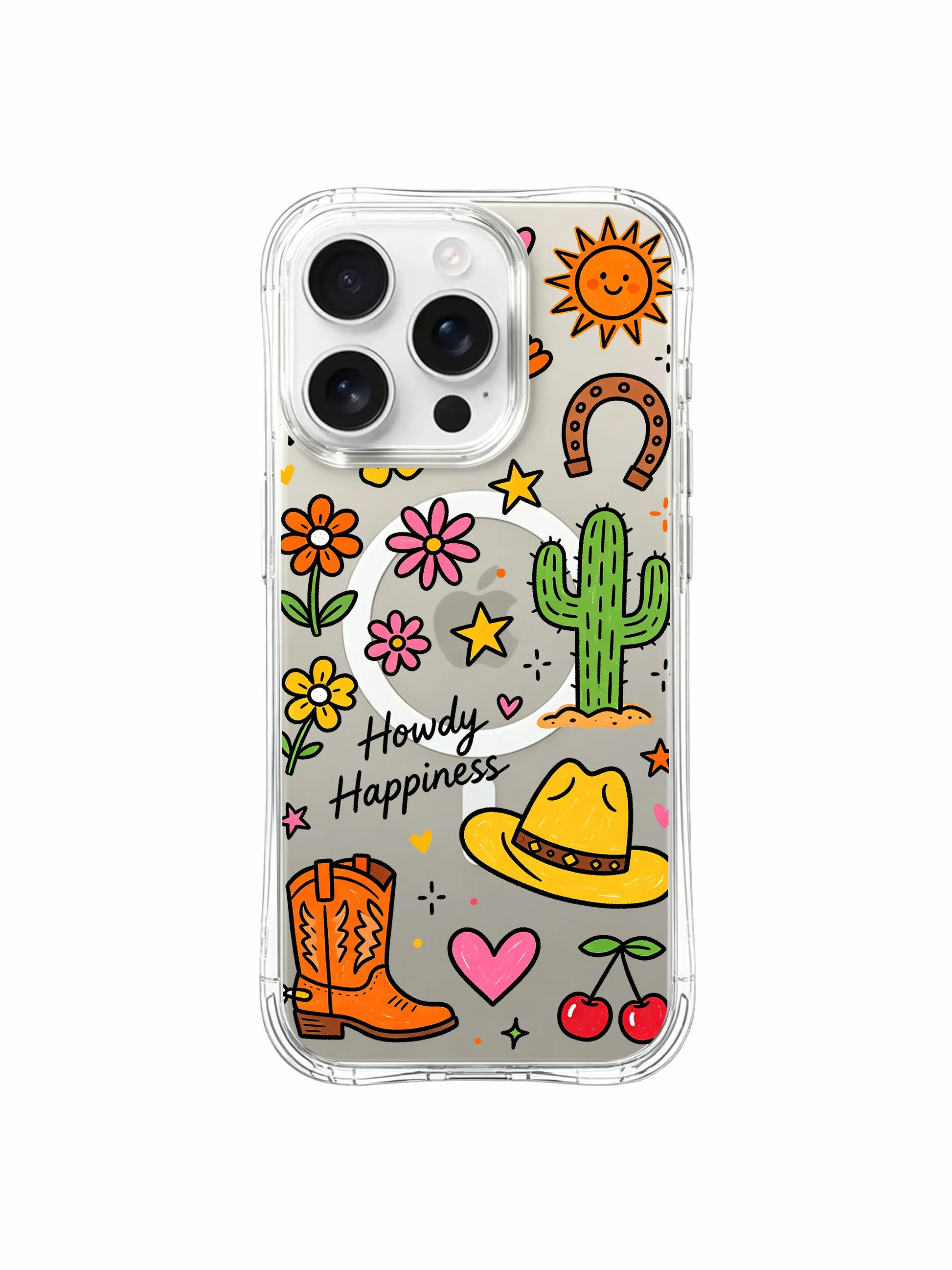 PhoneCasing iPhone 16 Pro Max thin transparent MagSafe shockproof casing, cheerful Howdy Happiness wild west cowboy sun and cactus party doodle design